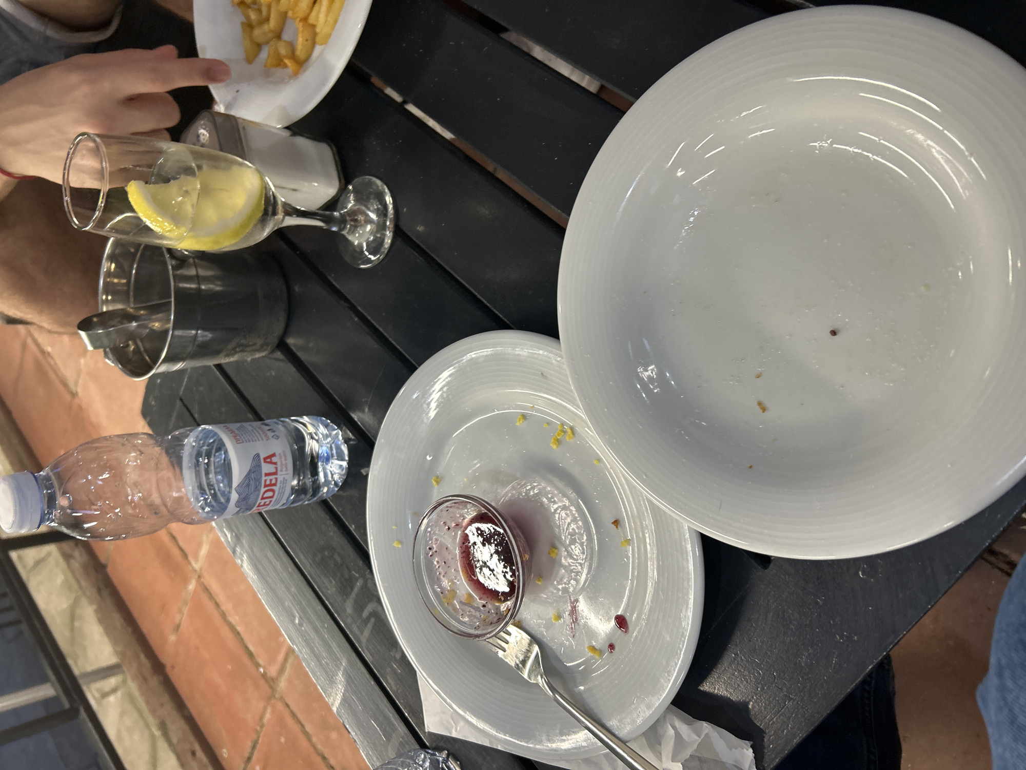 The scene depicts a black, slatted outdoor dining table in Blagoevgrad, Bulgaria. This location is identified by the "EDELA" mineral water bottle, a Bulgarian brand sourced from Predgornata Mineral Water Springs in Blagoevgrad municipality.
Two individuals are partially visible. On the right, a person's upper arm and hand are present, with a red string on the wrist. The hand is gesturing or pointing towards a white plate containing a portion of french fries. In the lower left, a portion of another person's leg, clad in blue jeans, is visible.
On the table, a clear plastic bottle of "EDELA" mineral water, approximately half-full, stands upright. To its left, a silver metal ice bucket contains a pair of metal tongs. Adjacent to the bucket, a clear stemmed glass holds a light-colored liquid with a large lemon slice wedged on its rim. Behind this glass is a small, clear glass salt shaker with a white top.
Three white ceramic plates are arranged on the table. The plate on the far right holds the remaining french fries. In the center-left, a large, empty plate with horizontal ridges on its rim contains a small, clear glass bowl. This bowl holds a dark purple substance, likely jam or a preserve, and some small yellow crumbs are scattered on the plate around the bowl. A silver four-tined fork rests on this plate, partially beneath the bowl. Another large, empty white plate with horizontal ridges is positioned in the foreground, showing a single small dark speck. A crumpled white paper napkin is visible beneath the fork. The background shows a reddish-brown tiled floor, indicating an outdoor or patio setting.