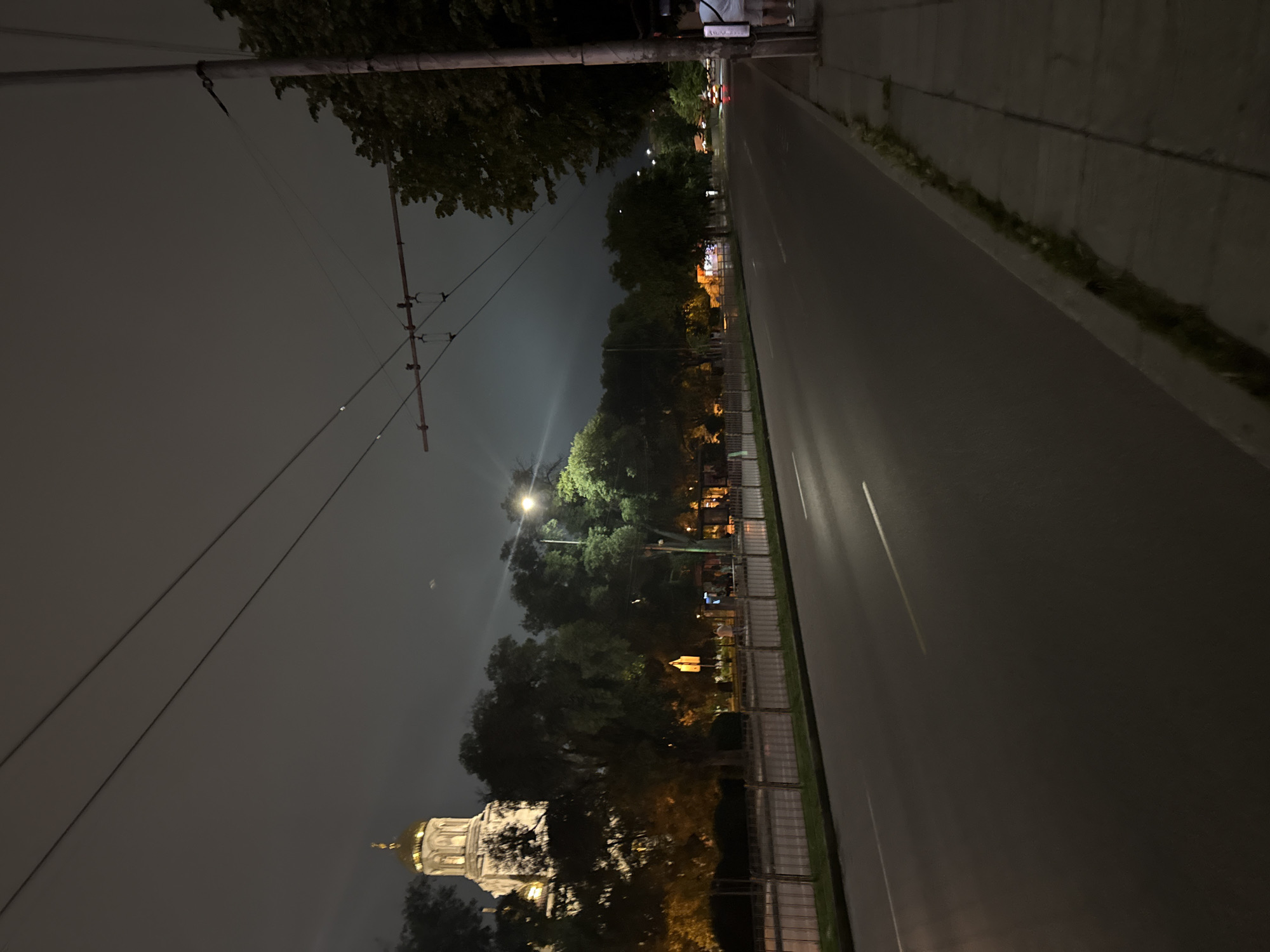 The image depicts an urban street scene at night in Varna, Bulgaria, specifically looking towards the Dormition of the Theotokos Cathedral. The sky is dark and overcast, with ambient light illuminating the scene from streetlights and architectural features.
On the left side of the frame, the brightly illuminated, white facade and golden dome of the Dormition of the Theotokos Cathedral are prominently visible, rising above a line of dark trees. A low metal fence separates the cathedral grounds from the street.
The center of the image is dominated by a wide, multi-lane asphalt road, which appears damp or reflective, showing streaks of light from vehicle headlights or streetlights. White lane markings are visible on the road surface. Overhead power lines, typical for trolleybuses, span across the street, supported by poles and cross-wires, with insulators visible.
Along the right side of the road, a concrete sidewalk is present. A utility pole stands vertically, carrying additional wires and electrical equipment. A line of trees runs parallel to the sidewalk, largely obscuring the background. In the middle distance on the sidewalk, near what appears to be a bus stop or shelter, a few indistinct figures are visible, one person clearly seen from behind wearing a light-colored shirt and shorts. Further down the road, in the distance, the red taillights of vehicles and general city lights are discernible, indicating ongoing traffic. Numerous trees with dark foliage line both sides of the street, some partially illuminated by streetlights, creating a sense of depth and urban greenery.