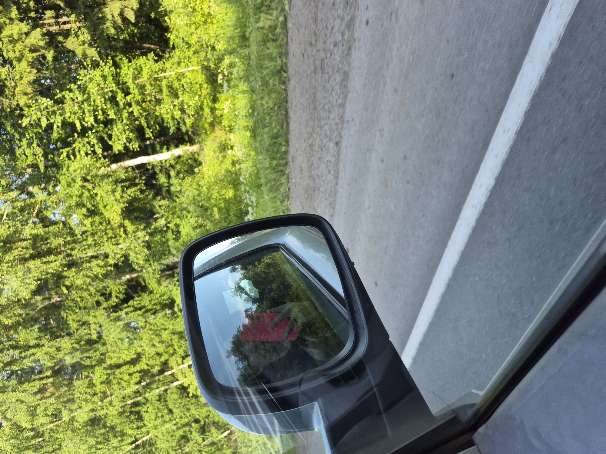 The image shows a side-view mirror of a vehicle, reflecting the scene outside and the interior of the car. The exterior view shows a lush green forest with tall trees, indicating a natural, possibly rural setting. The road, visible to the right of the forest, appears to be asphalt with a white lane marker. The presence of a side-view mirror suggests the vehicle is in motion, likely driving along this road.
Reflected in the mirror is a person's hand holding a bright red smartphone, implying they are taking a picture or video. The reflection also shows a portion of the car's interior, including what appears to be a person's head and shoulders, though these are not clearly defined. The lighting suggests it is daytime, possibly late afternoon or early morning due to the quality of the sunlight. The weather appears to be clear and sunny, illuminating the vibrant green foliage.
The location context provided is Verkhne-Pozim', Russia, which aligns with the depiction of a forested road. No text is visible in the image. The overall impression is a candid shot captured while traveling through a scenic, natural environment.