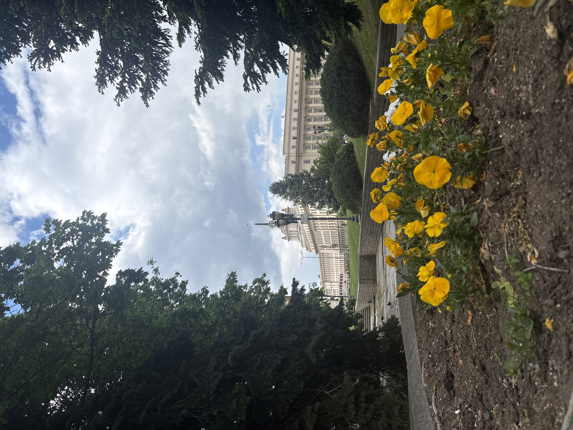 A view of the city of Sofia, Bulgaria, framed by trees and featuring yellow flowers in the foreground. The sky is cloudy, with patches of blue visible. In the background, the architectural structures of the city stand out, including a monument with a tall spire and buildings with classical facades. The overall scene evokes a sense of urban greenery intertwined with historical architecture.