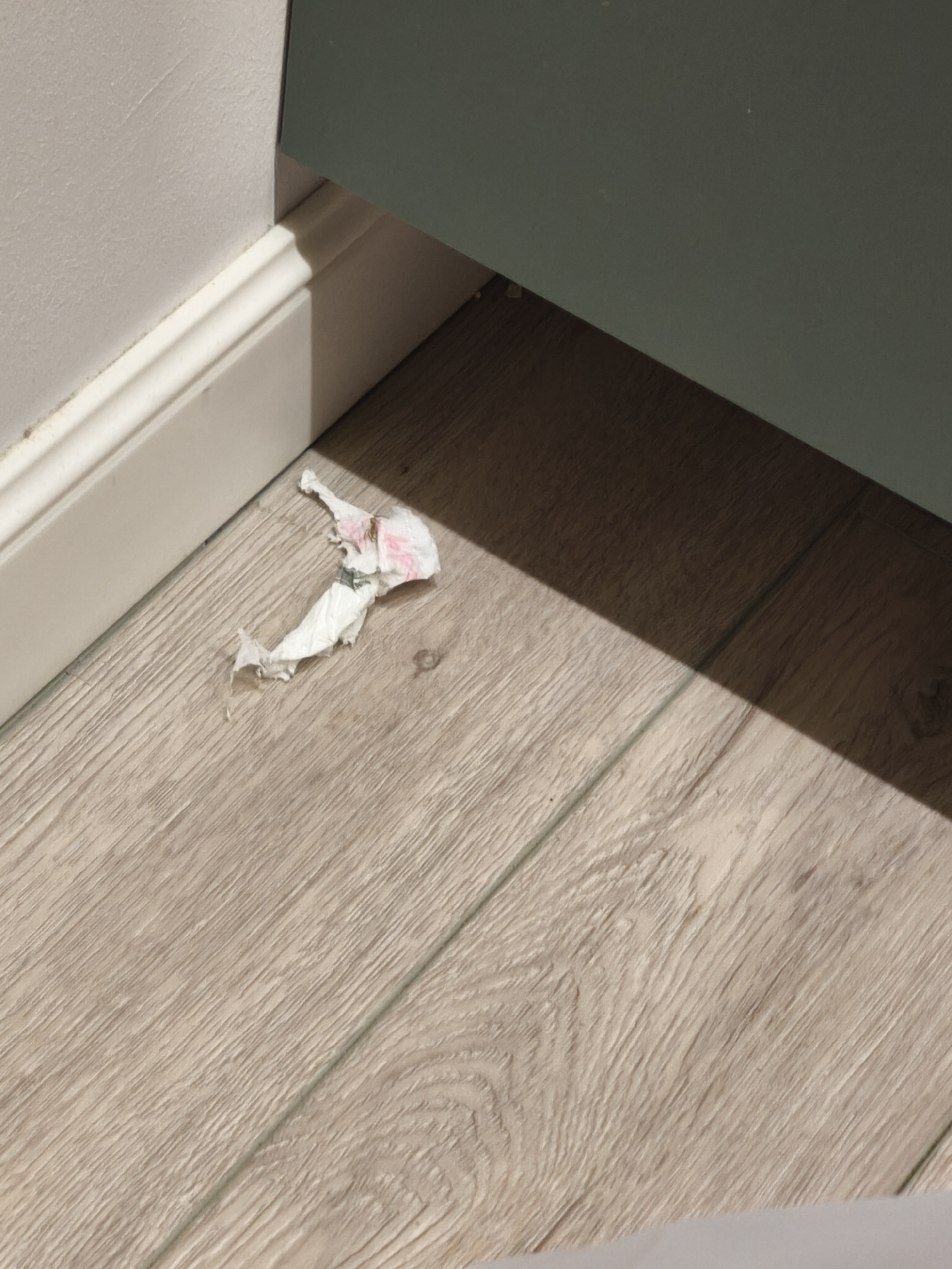 A piece of crumpled, white tissue paper with red markings lies on a light-colored, wood-grain floor near the baseboard of a wall. The wall is painted a light grey color. A second wall, painted a teal color, intersects with the first wall. A portion of the floor is shadowed. The location is not discernible from the image.