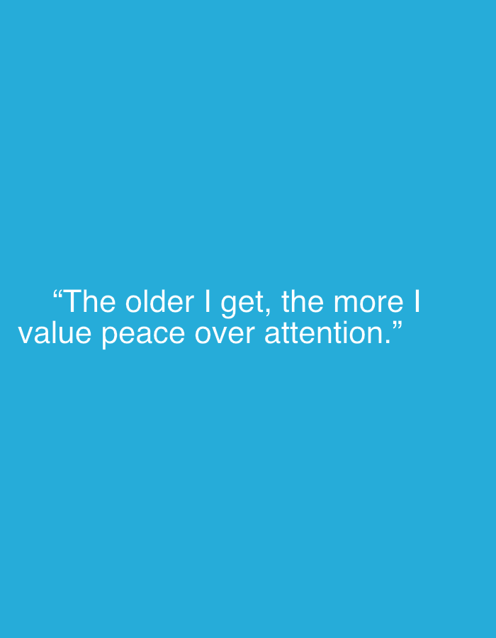 The image features a motivational quote presented in white text against a solid, vibrant blue background. The quote, prominently displayed in the lower central portion of the frame, reads: "The older I get, the more I value peace over attention.” The text is rendered in a clear, sans-serif font, ensuring high legibility. There are no other subjects, objects, or discernible activities within the image; it is purely a text-based graphic. The background is a uniform shade of blue, lacking any patterns, textures, or illustrative elements. The composition is simple and direct, emphasizing the message of the quote itself.