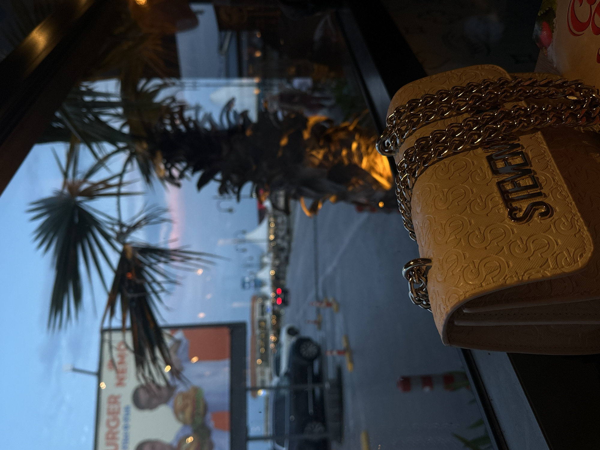 The image shows a view through a window in Varna, Bulgaria. A palm tree is visible outside, along with a sign for "Burger Nemo". The street outside has parked cars and orange traffic cones. In the foreground, inside the window, is a light-colored purse with a chain strap and the name "STEVEN" spelled out in metal letters.