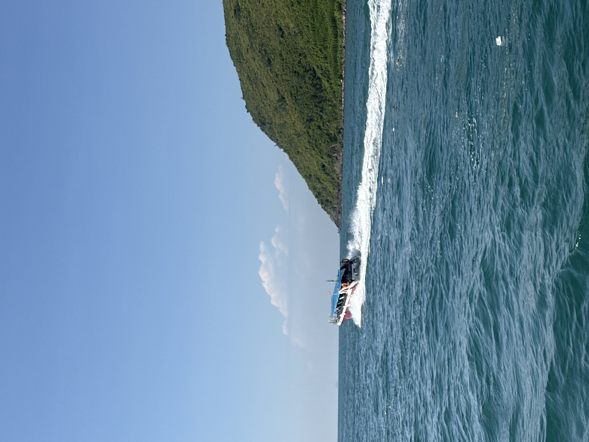 A speed boat with a blue canopy and red hull is moving at high speed through choppy, dark blue water, leaving a white wake. The boat is angled slightly to the right, with its bow facing away from the viewer. A lush green, tree-covered hill rises from the water on the right side of the frame, meeting a clear blue sky with a few scattered white clouds. The horizon is visible between the water and the sky. The scene appears to be a coastal area, likely in the vicinity of Nam Nha Trang Ward, Vietnam, given the tropical vegetation and clear waters. There are small white pieces of debris scattered on the surface of the water.