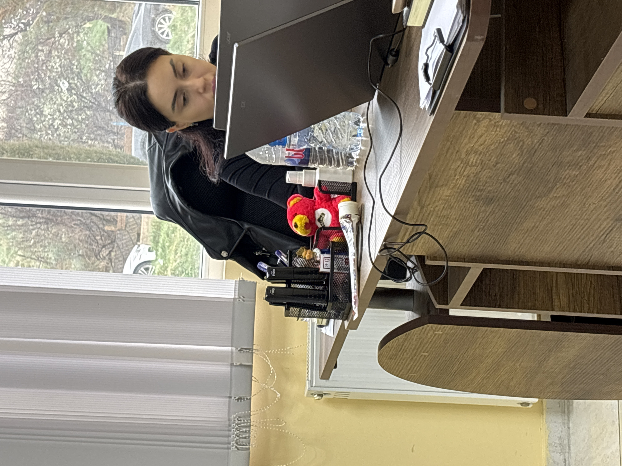The image depicts an indoor scene within an office or workspace located in Tbilisi, Georgia. A female subject, with dark hair pulled back, is seated at a light brown wooden desk, focused on a dark gray laptop positioned directly in front of her. She wears a black long-sleeved top, and a black leather jacket is draped over the back of her chair.
The desk surface contains multiple items: a black mesh organizer holding several black "neo" branded pens/markers, a small decorative figurine, a red and yellow plush toy, a white spray bottle, and two plastic water bottles. Black electrical cables are visible on the desk, trailing towards the laptop. A clipboard with white papers is situated on the right side of the desk.
To the left, a yellow wall is visible, beneath a window partially covered by white vertical blinds. A white radiator is mounted on the wall below the window. Through the clear sections of the window, an outdoor environment is discernible, featuring leafless trees and green ground. A white vehicle is partially visible through the blinds on the left side of the window, and a dark-colored vehicle is partially visible further back on the right side. The floor in the lower left portion of the image consists of light-colored tiles.