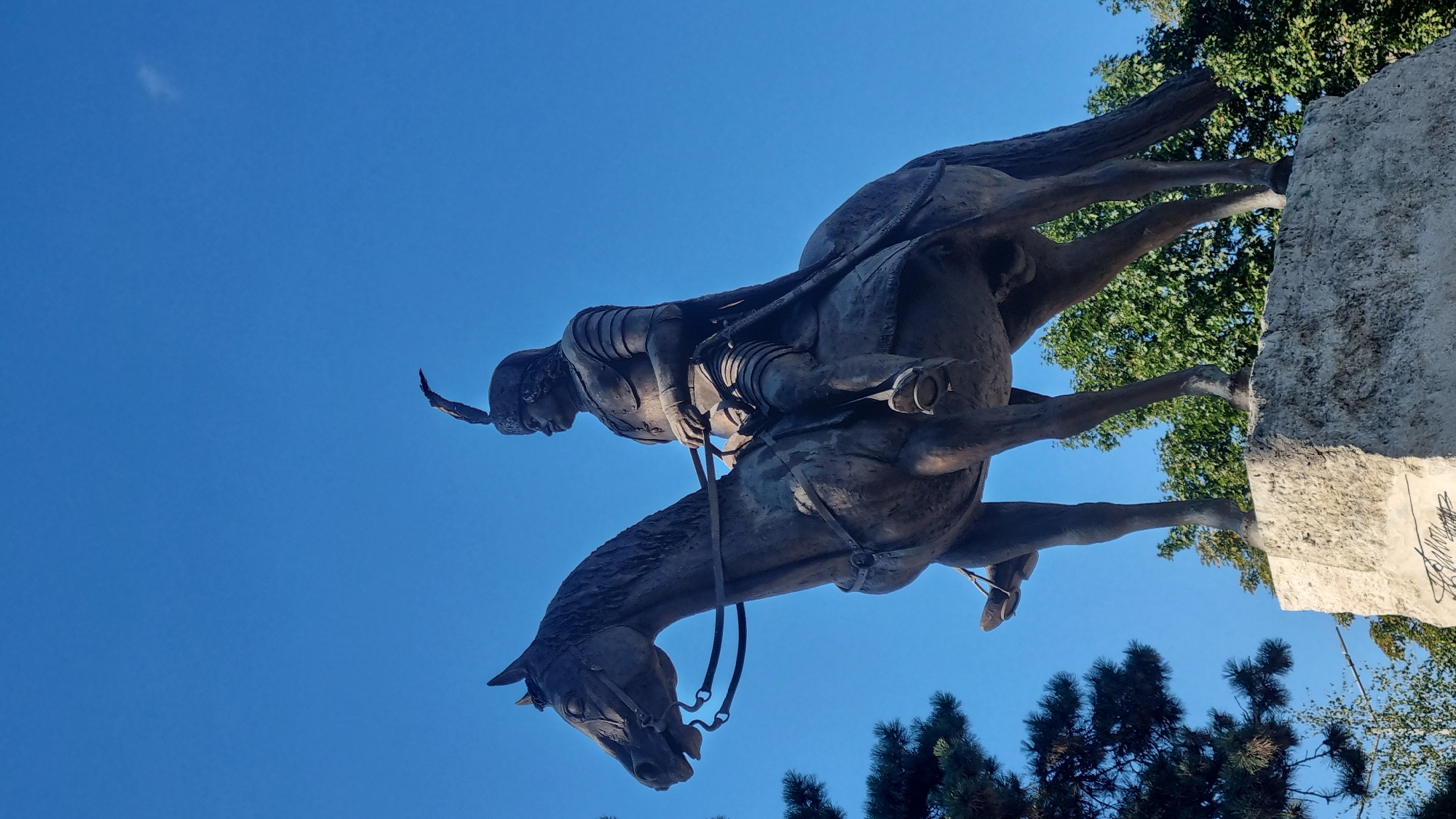 The image depicts a bronze equestrian statue of Imre Thököly, a Hungarian national hero, located in the city of Berehove, Ukraine. The statue stands on a stone pedestal, with the rider and horse rendered in dark bronze against a clear blue sky. The rider is depicted in historical armor, wearing a plumed helmet and a cloak, and is seated upright on the horse, holding the reins. The horse is captured mid-stride, with its head turned to the left. In the background, lush green trees frame the lower portion of the statue, and a hint of a pine tree is visible on the left side of the frame. The stone pedestal has some graffiti scrawled across its front. The lighting suggests it is daytime, with the sun casting some shadows.