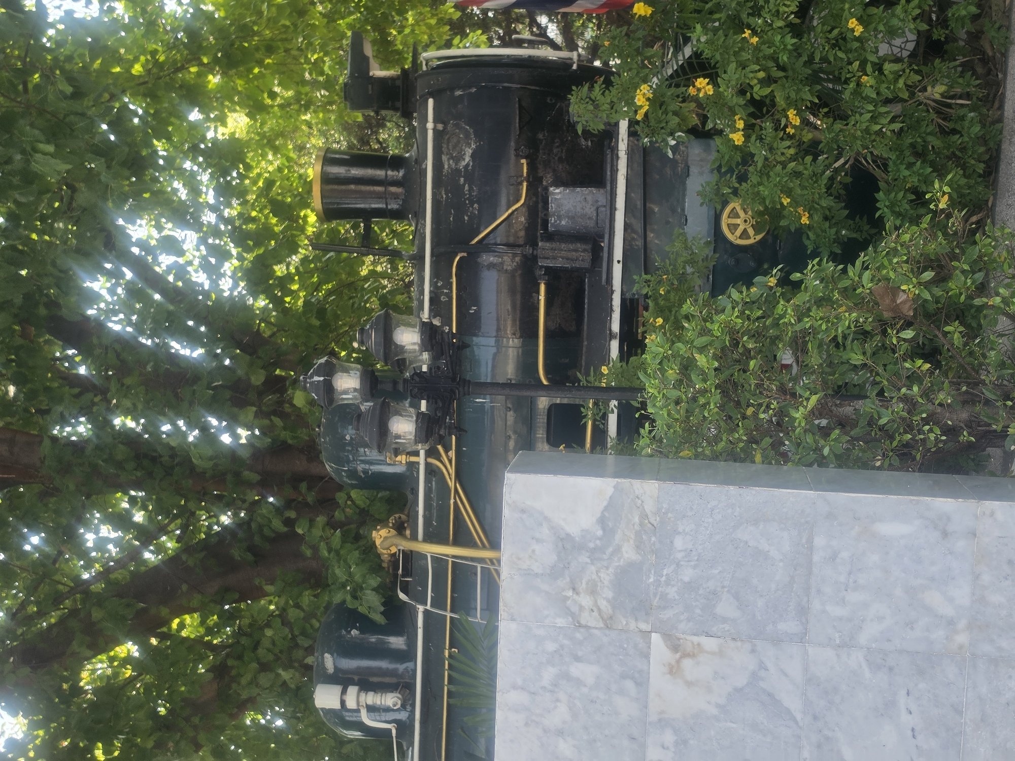 The image displays a stationary, dark-colored locomotive, likely a vintage steam engine, set outdoors amidst lush green foliage. The train appears to be on static display, with its main body painted a dark green or black. Notable features include a prominent black smokestack, a large cylindrical boiler, and various pipes, some of which are brightly colored in yellow or brass, while others are white. Several lamps or lights are attached along the side of the engine. A yellow, spoked wheel-like element is visible on the right side of the locomotive, partially hidden by dense bushes.
The background is dominated by the dense canopy of large trees, through which bright sunlight filters, creating dappled light and visible sun rays. This indicates a sunny daytime setting. Clusters of small, bright yellow flowers are scattered throughout the greenery surrounding the train. In the foreground, a substantial structure made of light-colored, greyish-white marble tiles forms a wall or base, partially obscuring the lower section of the locomotive. A subtle hint of a red, white, and blue striped flag is discernible in the upper right background, which could potentially be a national flag, aligning with the context of Bangkok, Thailand. No human activity is depicted, and no explicit text is visible on the train or surrounding structures.