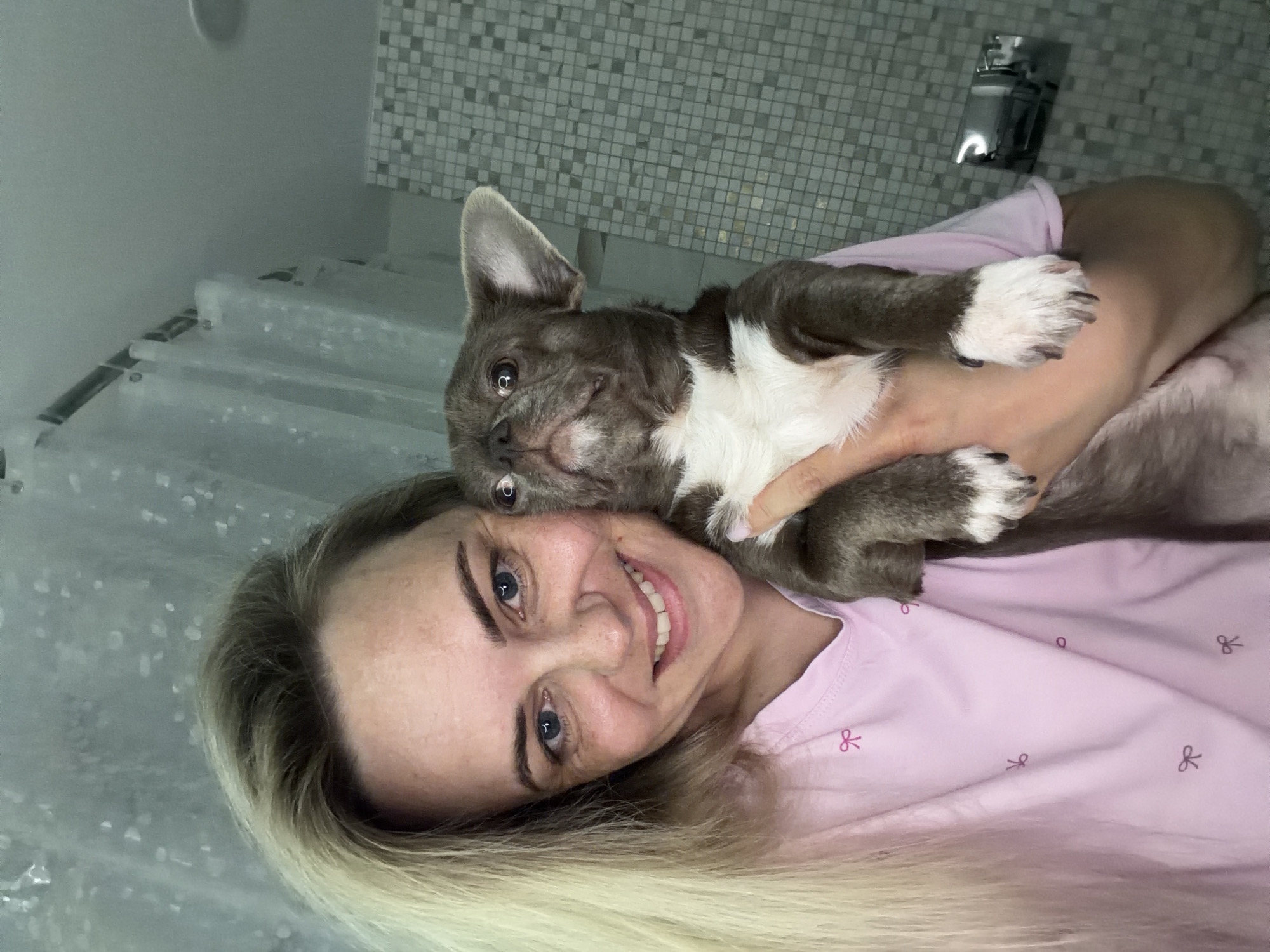 A cheerful woman with blonde hair and blue eyes is captured in a diagonal selfie, smiling broadly while holding a small, grey and white French Bulldog puppy. The woman is wearing a light pink top adorned with small pink bow patterns. The puppy, with its distinctive large ears and dark eyes, rests its head affectionately near the woman's head, looking towards the camera with a gentle expression. Its white paws and dark claws are visible against the woman's arm and clothing.
The setting appears to be a bathroom in Votkinsk, Russia, indicated by the light-colored, small square tiles on the wall in the background and a metallic fixture, possibly a faucet or shower head, on the right. A translucent, possibly wet, surface can be seen in the lower left, suggesting a shower curtain or glass screen. The lighting is consistent with an indoor environment, implying the photo was taken during the day or evening. The overall mood of the image is warm and loving, highlighting the bond between the woman and her pet. No visible text is present in the image.