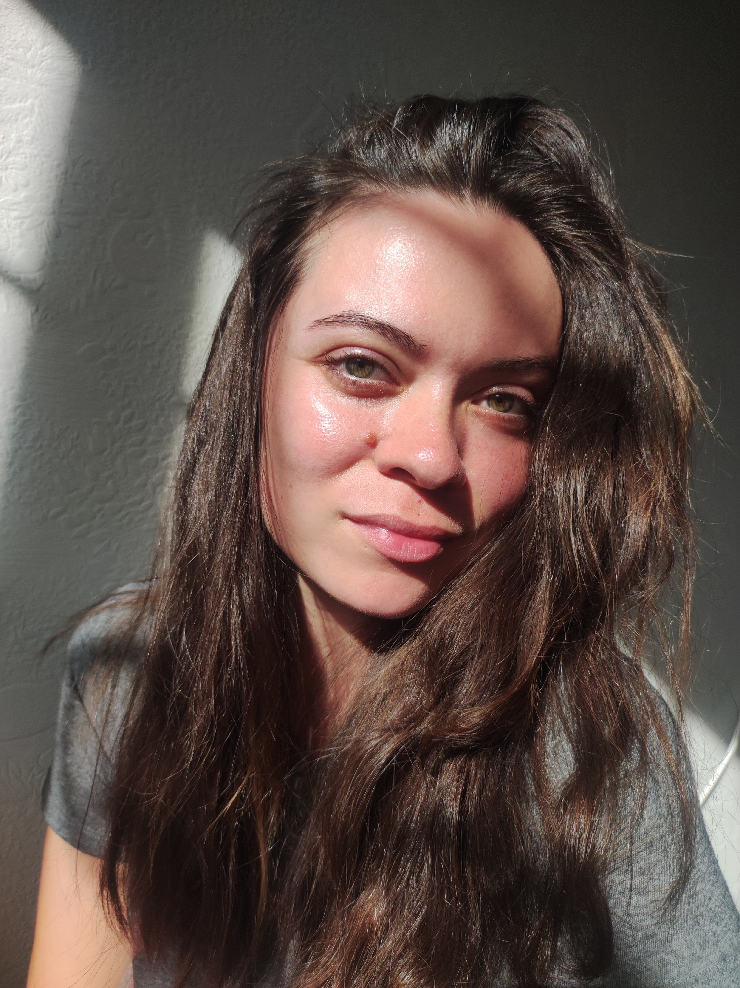 A close-up of a woman's face. She has long, dark brown hair and green eyes. A portion of her face is lit by sunlight while the other portion is in shadow. She is wearing a grey shirt. The background is a white wall with some texture. The location is unspecified; there is no indication of the city of Chaikovsky, Russia.
