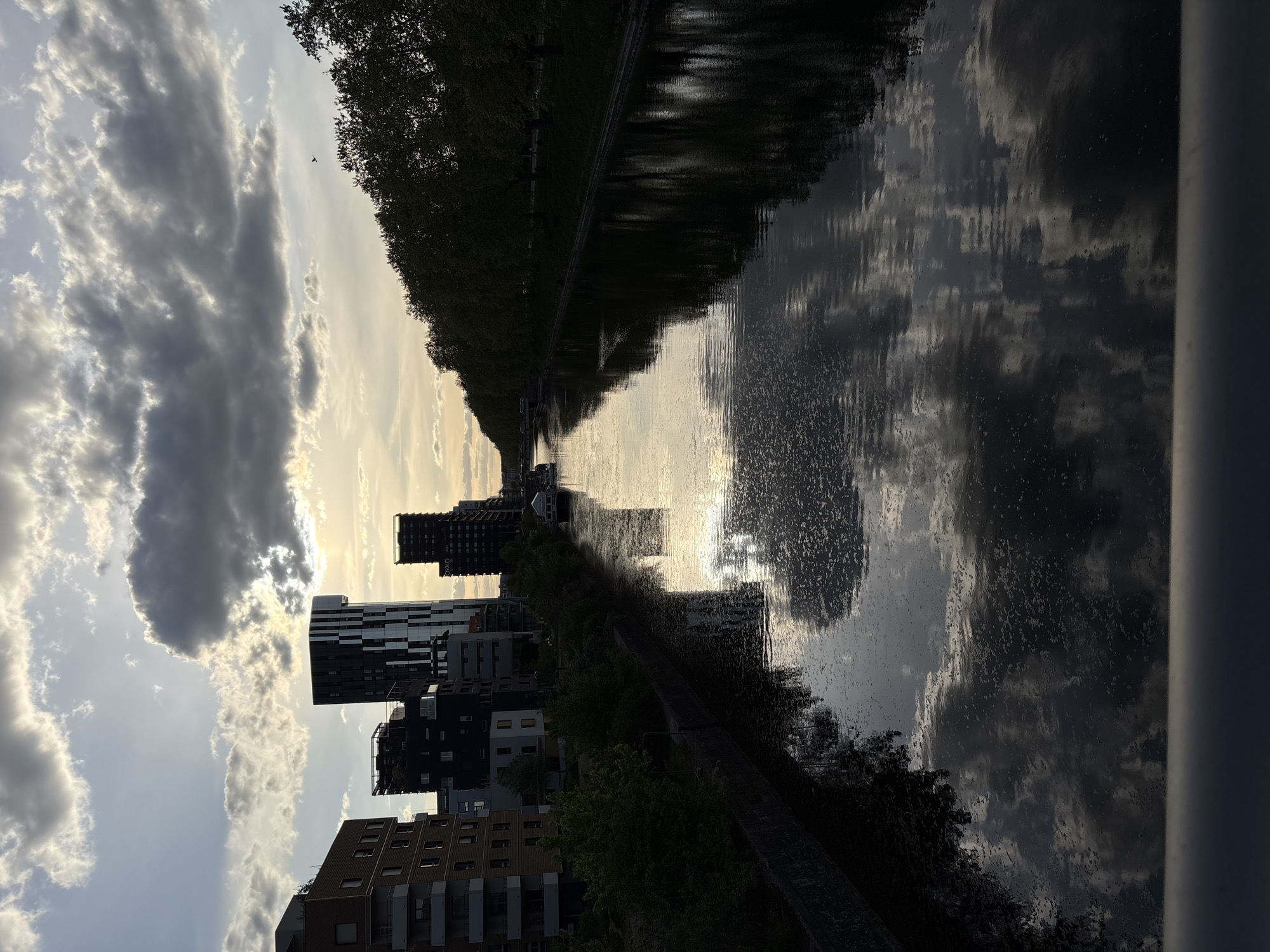 The image shows a view of the Ill River in Strasbourg, France, at sunset. Modern apartment buildings line the left bank, reflecting in the water, which is also filled with reflections of clouds. Trees are visible on both banks. A bird can be seen in the sky.
