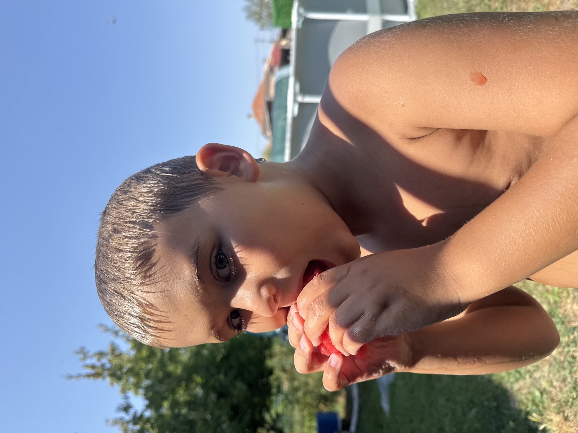 A young boy is shown from the chest up, with his head tilted down and to the right, eating a piece of watermelon. The sun is bright, casting strong shadows and highlighting the boy's skin, which appears slightly flushed. His hair is light brown and appears wet, suggesting he may have been swimming. He is holding the watermelon with both hands, and some juice is visible on his fingers and around his mouth. His eyes are open and looking downwards. In the background, there is a blurred view of trees and what appears to be a swimming pool or pond. The overall scene suggests a warm, sunny day outdoors. The location context of Svilengrad, Bulgaria, aligns with the outdoor setting.