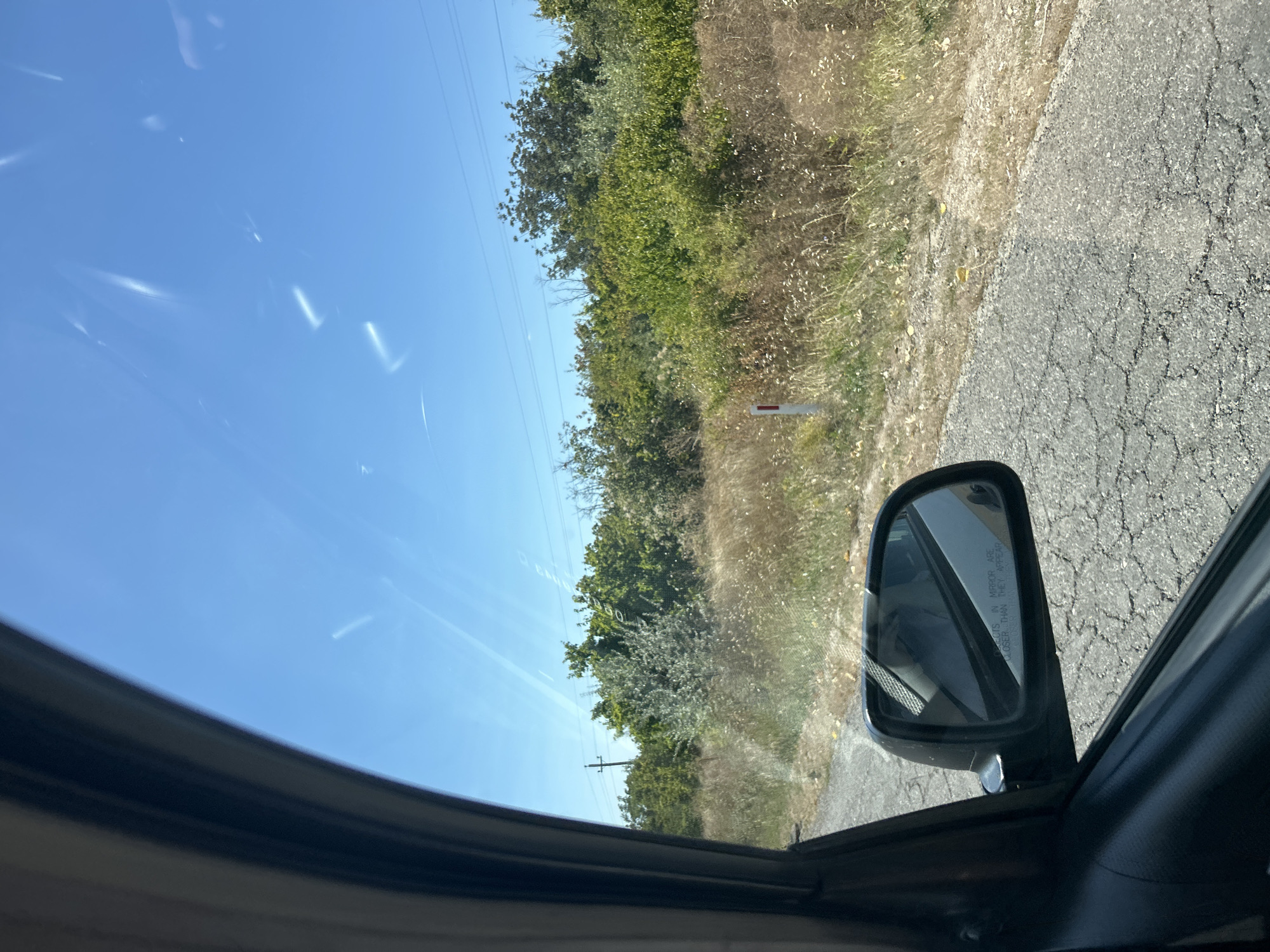 The image is a photograph taken from inside a vehicle, looking out the passenger side window. The view is of a rural roadside scene. In the foreground, the cracked asphalt of a road is visible, along with the dark interior trim of the car and a side-view mirror. The mirror reflects the interior of the car and the exterior scene. Beyond the road, there is a ditch filled with dry grass and some scattered green vegetation. Further back, a dense line of trees and shrubs forms a natural barrier, with a clear blue sky overhead. A single utility pole with power lines is visible in the distance, positioned to the left of the tree line. The image was taken in the vicinity of Cioc-Maidan, Moldova, on a sunny day.