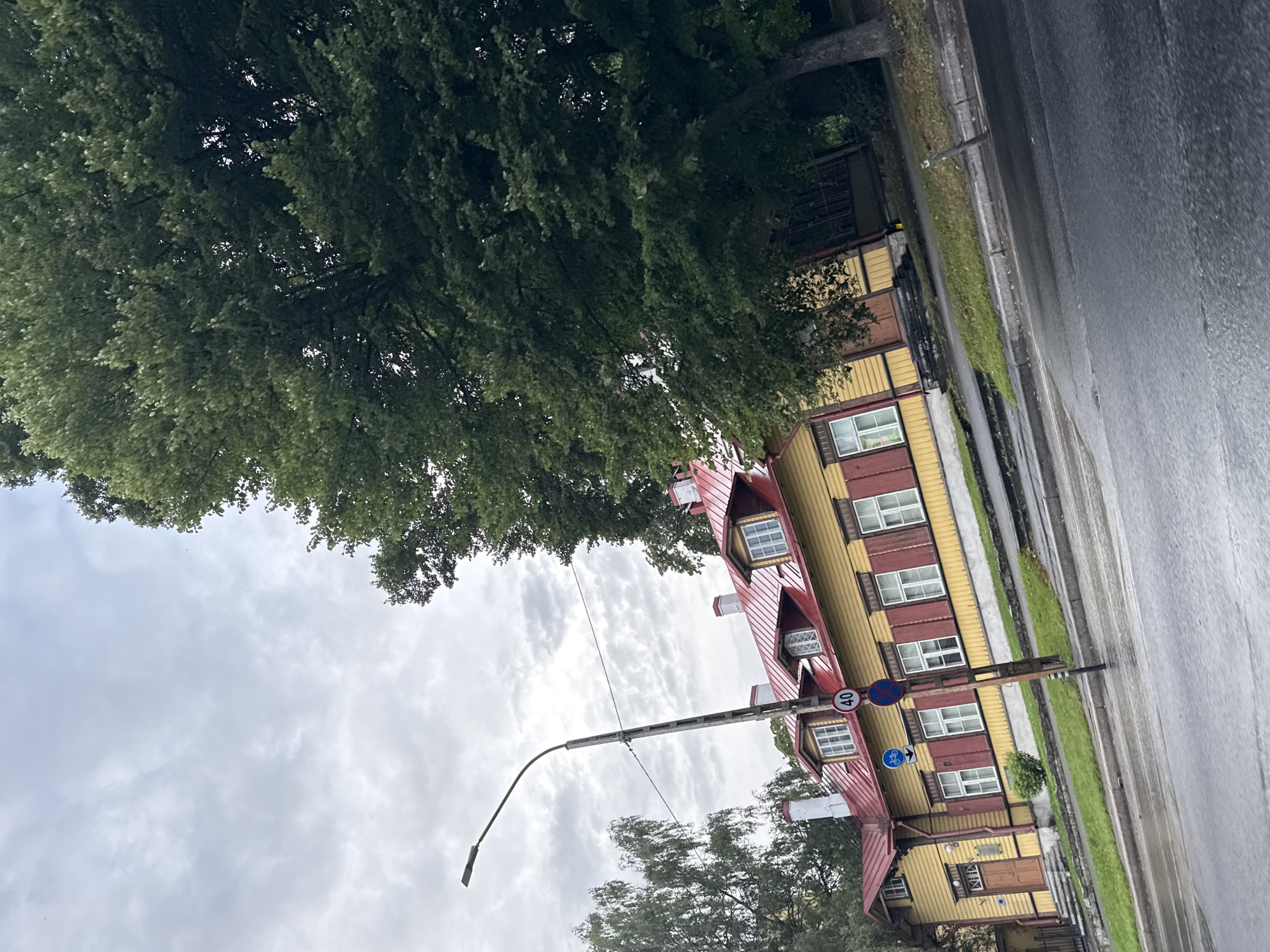 The image depicts a view of a yellow wooden house with red trim and a red roof, featuring dormer windows, located in Tallinn, Estonia. A tall, bare lamppost with a curved arm stands in front of the house, adorned with two circular traffic signs: one indicating a speed limit of 40 and another with a blue bicycle symbol. A large, lush green tree dominates the right side of the frame, casting shadows. The street in the foreground appears wet, suggesting recent rain. The sky is overcast with visible clouds.