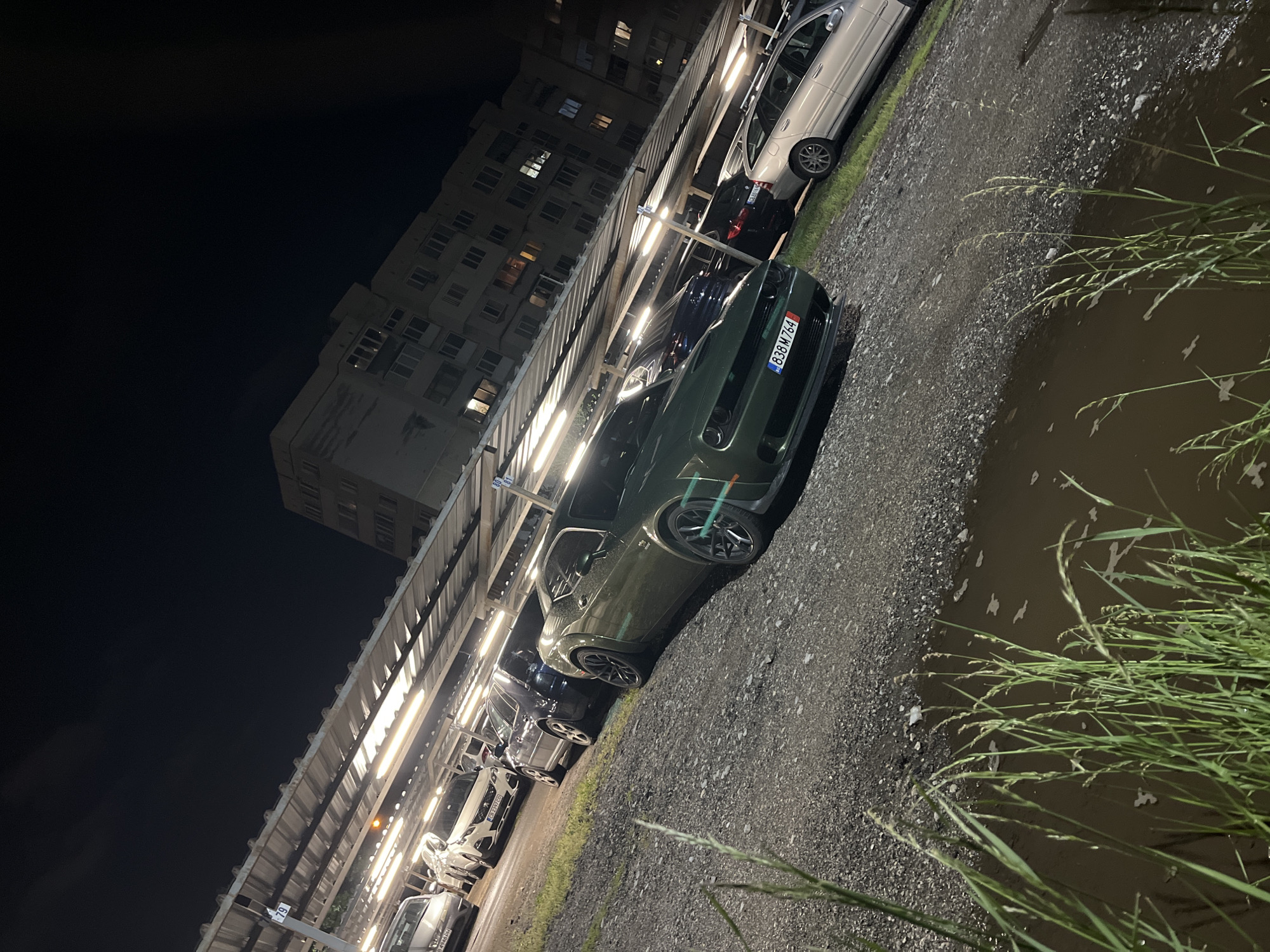 This nighttime image depicts an outdoor parking area in Sofia, Bulgaria, after what appears to be recent rainfall. The scene is dominated by a dark green car, resembling a Dodge Challenger, parked prominently in the foreground. Its front license plate, "838 M 764," is clearly visible, featuring a blue strip with the "BG" country code and the European Union flag.
The cars are parked on a gravel and dirt surface, which is wet, and a large, muddy puddle occupies the right side of the frame. Tall, green grass grows along the edge of the puddle and the parking area.
To the left, a long, covered parking structure extends across the scene, illuminated by bright artificial lights that cast reflections on the wet ground. Several other vehicles, including a light-colored sedan, are parked beneath this structure. In the background, a large, multi-story building, likely an apartment complex, is visible under a dark night sky. Some of its windows glow with interior light. No people are present in the image.