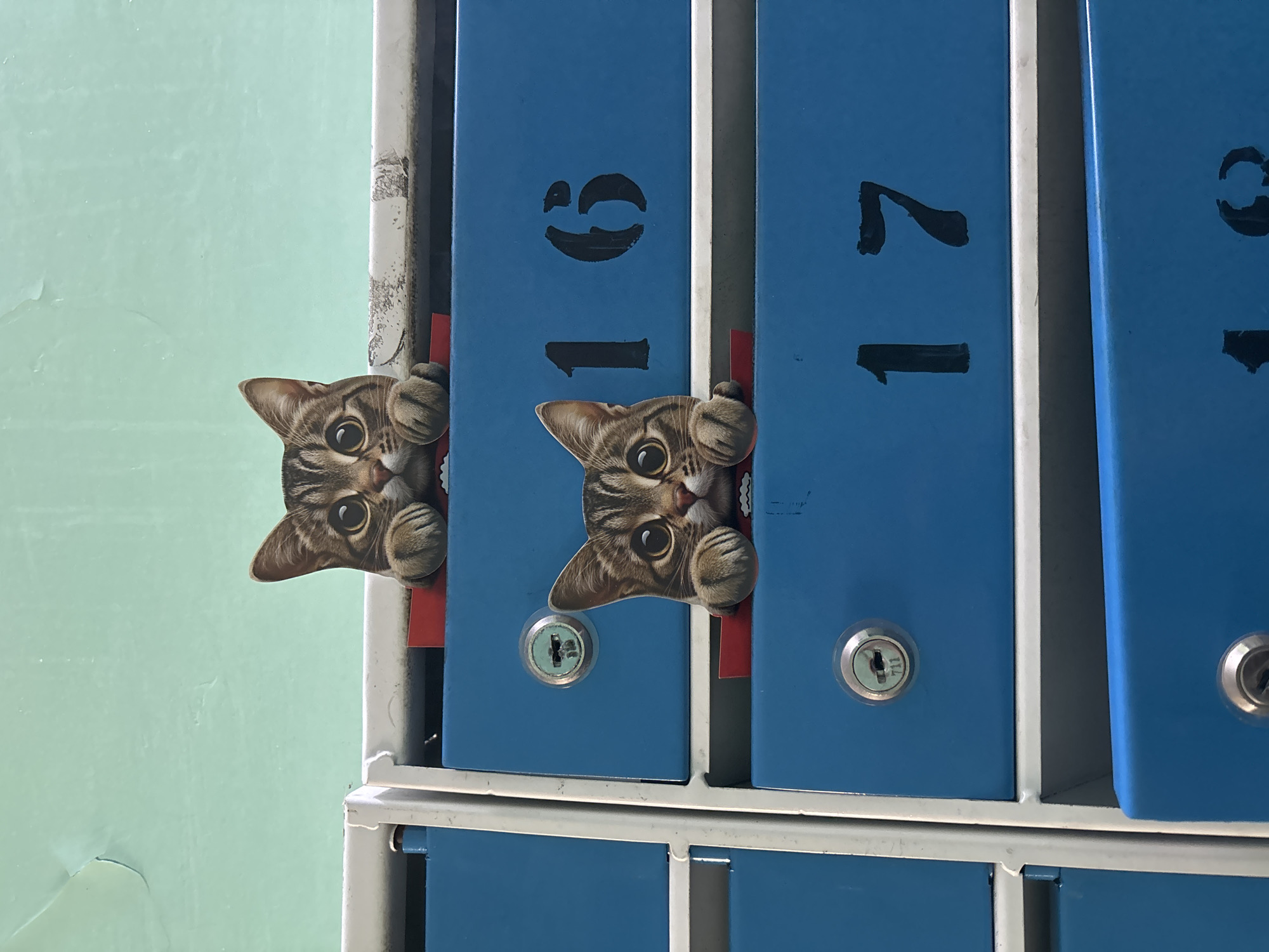 The image shows two cartoon cat stickers peeking over the top of two blue mailboxes. The mailboxes are stacked vertically, with the top one labeled with the number "16" and the bottom one labeled with the number "17". Both mailboxes have keyholes. The wall behind the mailboxes is painted a pale green color. This scene is located in Naberezhnye Chelny, Russia, likely in a residential building's common area.
