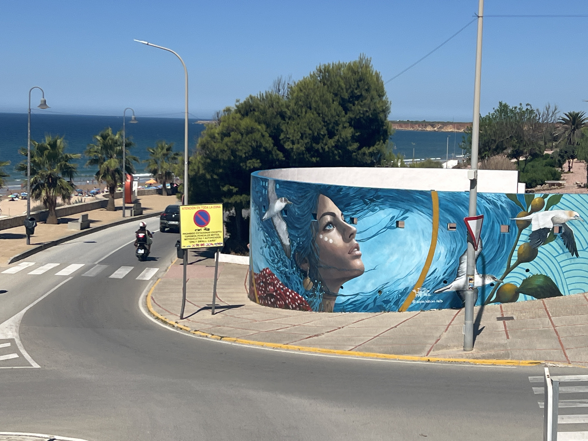 This is a photograph of a mural painted on a curved white wall in Conil de la Frontera, Spain. The mural depicts a woman's face looking upwards, surrounded by swirling blue water and several seagulls in flight. Red and white polka dots, resembling a mushroom or sea anemone, are visible at the bottom left of the mural, along with some olive-like fruits and green foliage on the right.
In the foreground, a paved road curves from the left to the right, with a pedestrian crossing marked by white stripes. A person on a motorcycle is riding on the road. Adjacent to the road, a yellow rectangular sign with a red circle and diagonal line, indicating a prohibition, is posted. A gray lamppost stands next to the sign.
In the background, the blue sea stretches to the horizon, meeting a clear blue sky. A sandy beach with scattered umbrellas and people is visible along the coastline. Palm trees and other green trees dot the landscape. In the distance, cliffs can be seen along the coastline. The overall scene suggests a sunny day in a coastal town.