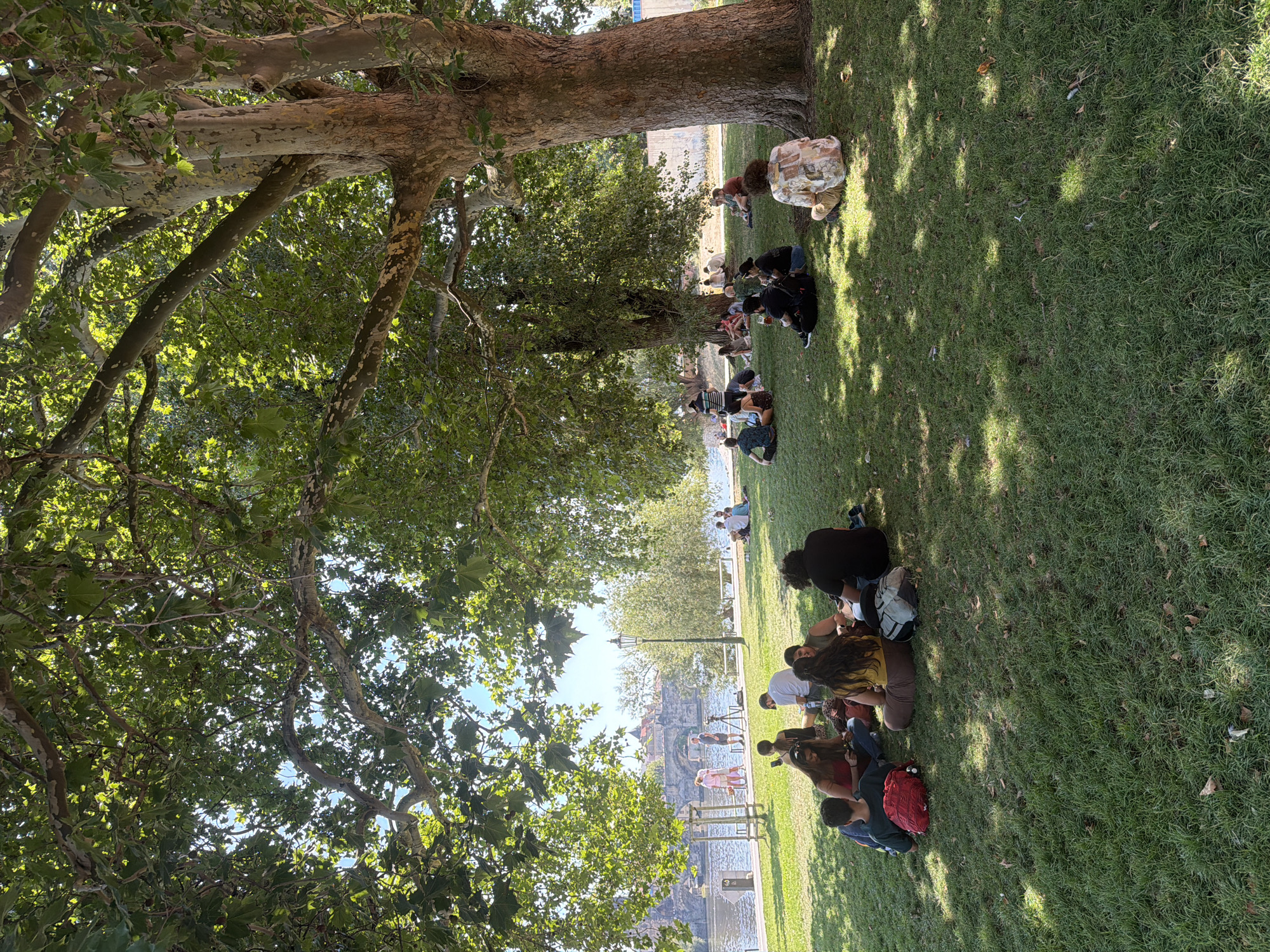 The image depicts a sunny day in Prague, Czechia, with a group of people relaxing on the grass under a large tree near the Vltava River. In the background, the iconic Charles Bridge and Prague Castle are visible, adding to the picturesque setting. The people are casually dressed and engaged in various activities such as talking, playing music, and enjoying the outdoors. Some are sitting in small groups, while others are spread out on the lawn. The atmosphere appears to be relaxed and peaceful, with the dappled sunlight filtering through the leaves of the tree creating a serene ambiance.