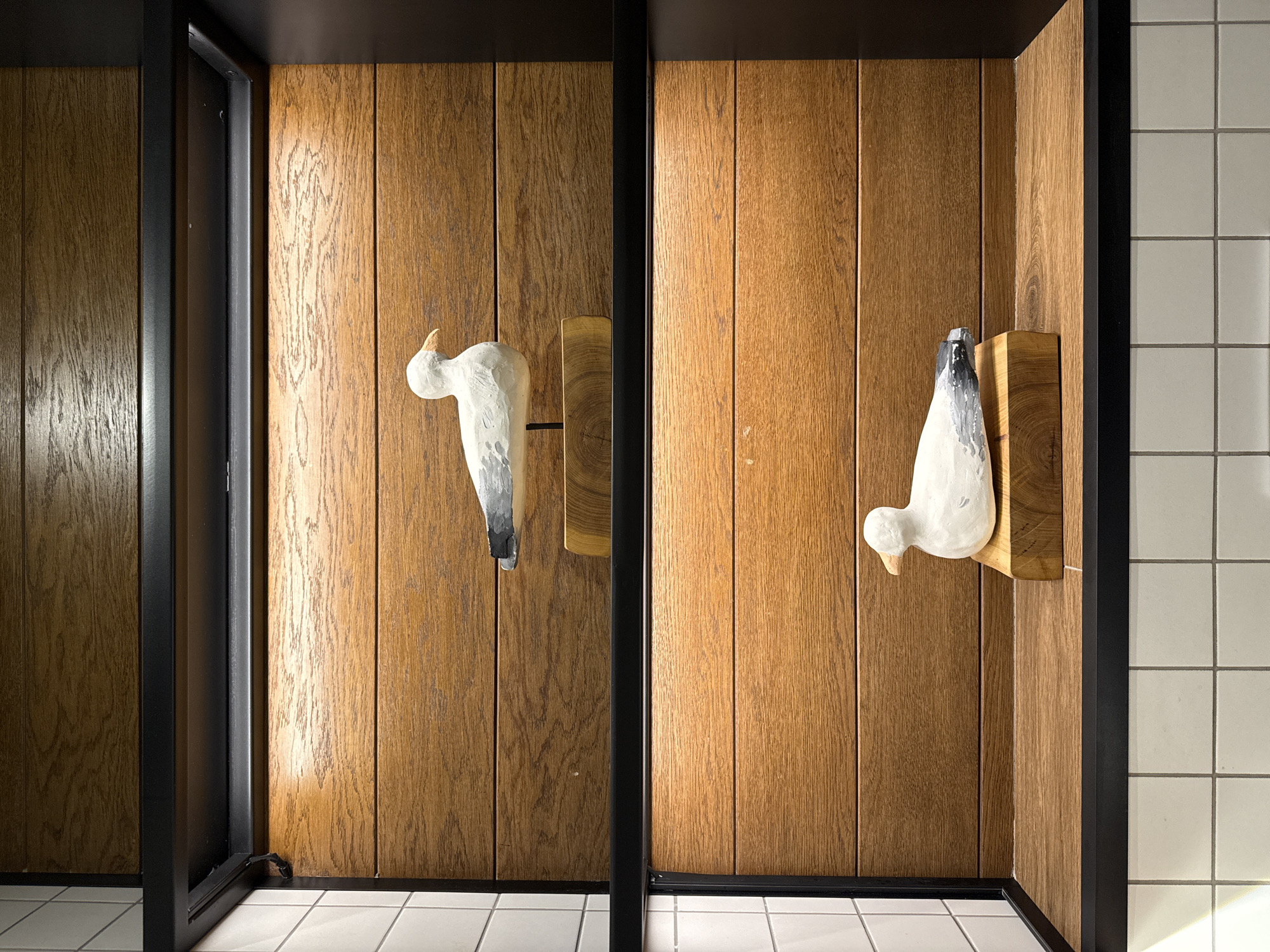 The image shows two wooden shelves in a display case. Each shelf features a white decorative seagull figurine. The top shelf has a figurine on a light brown wooden base, mounted on a thin black rod. The bottom shelf has a figurine on a darker brown wooden base. The background of both shelves is made of horizontally aligned wooden planks. The display case has black metal framing. To the left of the shelves, there is a tiled wall with white square tiles. The scene is illuminated by warm lighting from above each shelf. The location is not specified as being in Perm, Russia.