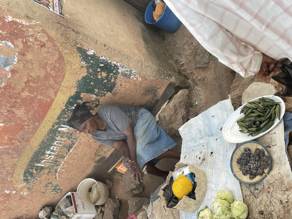 An elderly woman sits on the ground next to a wall with peeling paint. She wears a headscarf, a gray t-shirt, and a blue skirt. In front of her, produce is laid out for sale: okra, what appear to be dried mushrooms, yellow fruit and cabbage. A bucket is behind the woman, and a white and pink checkered shirt sleeve appears in the upper right, likely belonging to someone standing nearby. The scene appears to be a simple market setting.