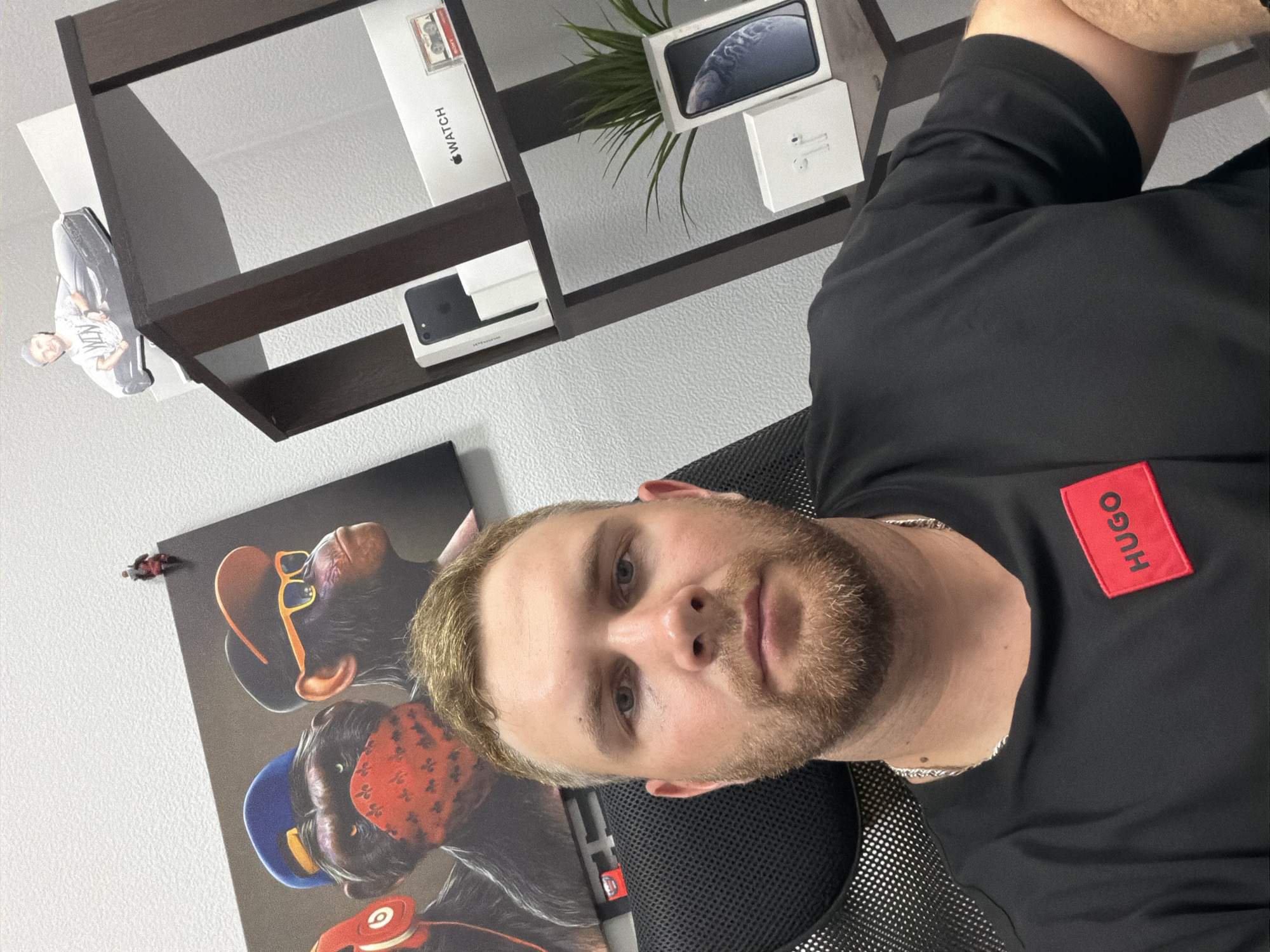 The image shows a man with short, blond hair and a beard, wearing a black t-shirt with a red "HUGO" logo on the left chest. He is seated in a black office chair, facing the camera. Behind him, to his left, is a large canvas print of three monkeys wearing hats and bandanas. To his right, there is a dark wood shelf unit with various items on it, including Apple product boxes (an iPhone and an Apple Watch box), a small plant, and a small figurine on top of the shelf. A miniature figurine of a person is also visible on the wall above the canvas print. The environment appears to be an indoor office or study space. No specific location in Chaikovsky, Russia is identifiable from the visual cues in the image.