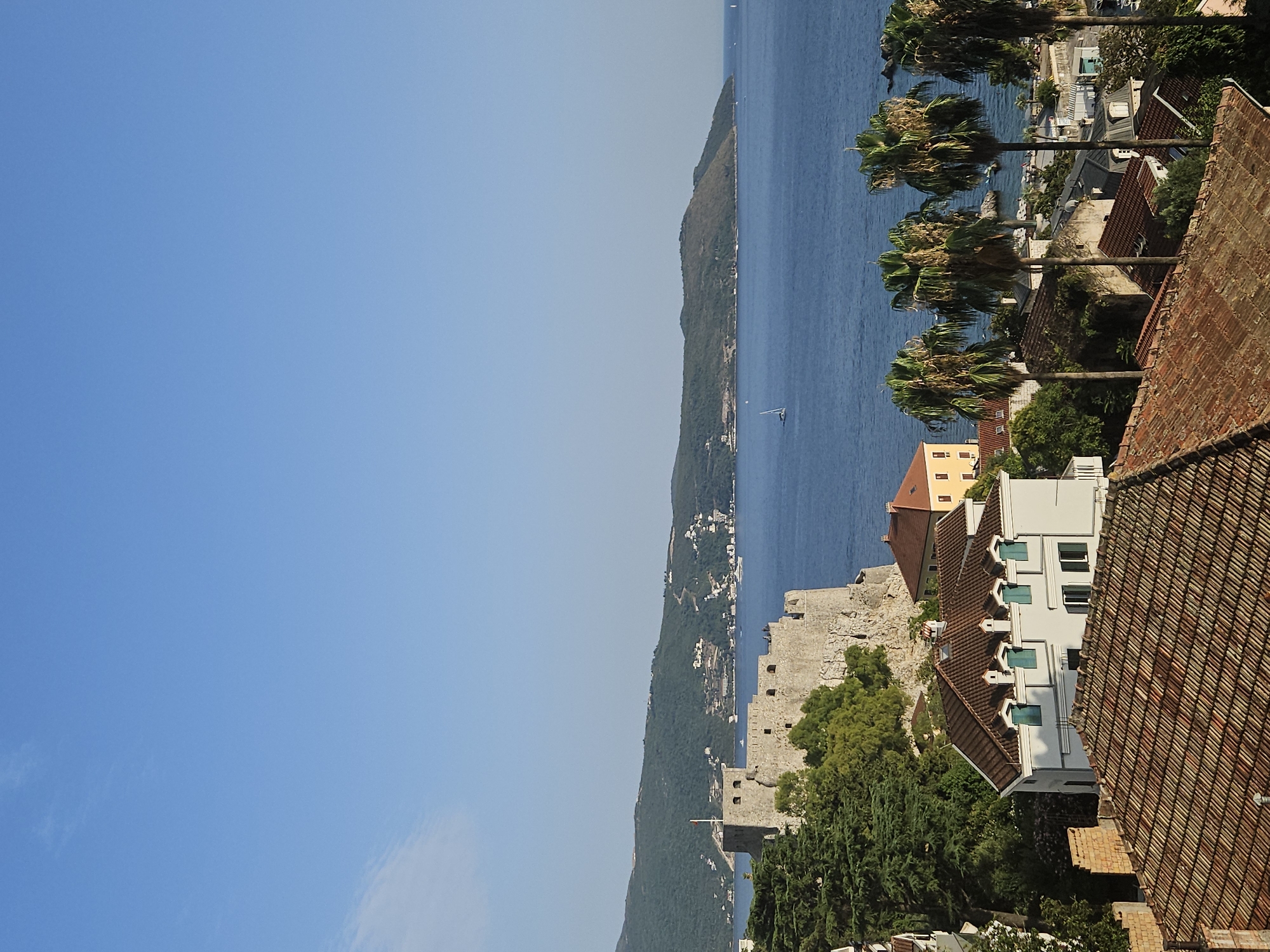 The image captures a scenic view overlooking a coastal city, likely Herceg Novi, Montenegro, characterized by a clear blue sky and a calm sea. In the foreground, terracotta-tiled roofs of houses dominate the lower portion of the frame, suggesting a densely built urban area. A white building with green-shuttered windows and a red-tiled roof is prominent among these residences.
Further back, a historic stone fortress stands on a hill, its weathered walls and battlements indicative of its age. Green trees, some coniferous, surround the fortress, partially obscuring its base and adding a natural element to the man-made structure. Beyond the fortress, the deep blue sea stretches to the horizon, dotted with a few sailboats and other vessels.
The background consists of a sloping, tree-covered hillside that forms a natural backdrop to the city. The overall impression is one of a tranquil coastal settlement, bathed in the warm light of a sunny day. There are no discernible people in the immediate foreground or mid-ground, though small figures might be present on the fortress walls or along the distant coastline. The scene is static and peaceful, showcasing the interplay between historical architecture, residential buildings, and the natural beauty of the Adriatic coast.