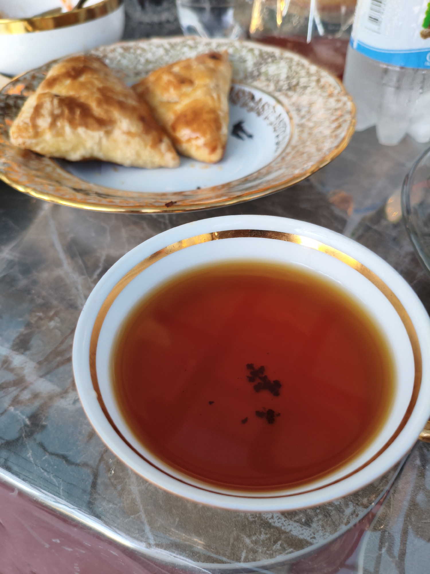 A close-up, high-angle shot captures a simple, domestic scene, likely in a residential setting in the city of Atyrau, Kazakhstan. The focus is on a white teacup with a gold rim, filled with dark amber tea. Small, dark flecks, presumably tea leaves, are visible floating on the surface of the liquid. The teacup is placed on a marble-patterned surface. To the upper left of the teacup, a decorative plate with a gold rim holds two golden-brown, triangular pastries, possibly samsa. In the background, a partially visible bottle of water and another out-of-focus cup suggest a casual meal or refreshment break. The overall lighting is soft, creating a warm and inviting atmosphere. The image is taken from a perspective that emphasizes the comfort and simplicity of the moment.