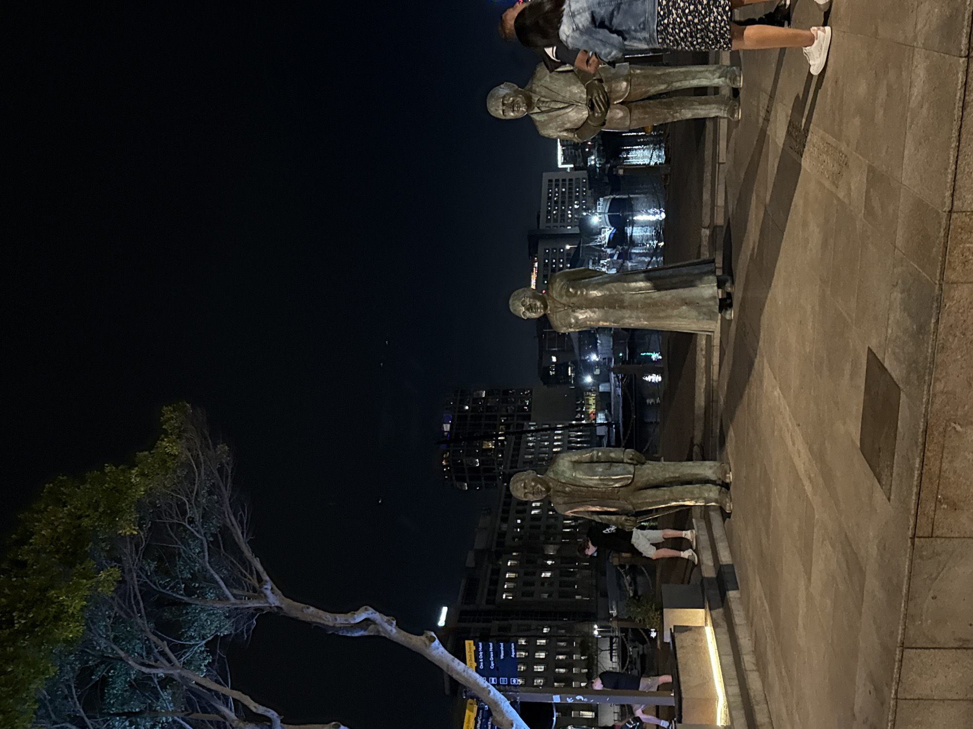 At night, the photo shows a row of bronze statues along a waterfront walkway in Cape Town, South Africa. Behind the statues, city buildings glow with light. People can be seen walking by the statues. To the left, the branches of a tree frame the scene.