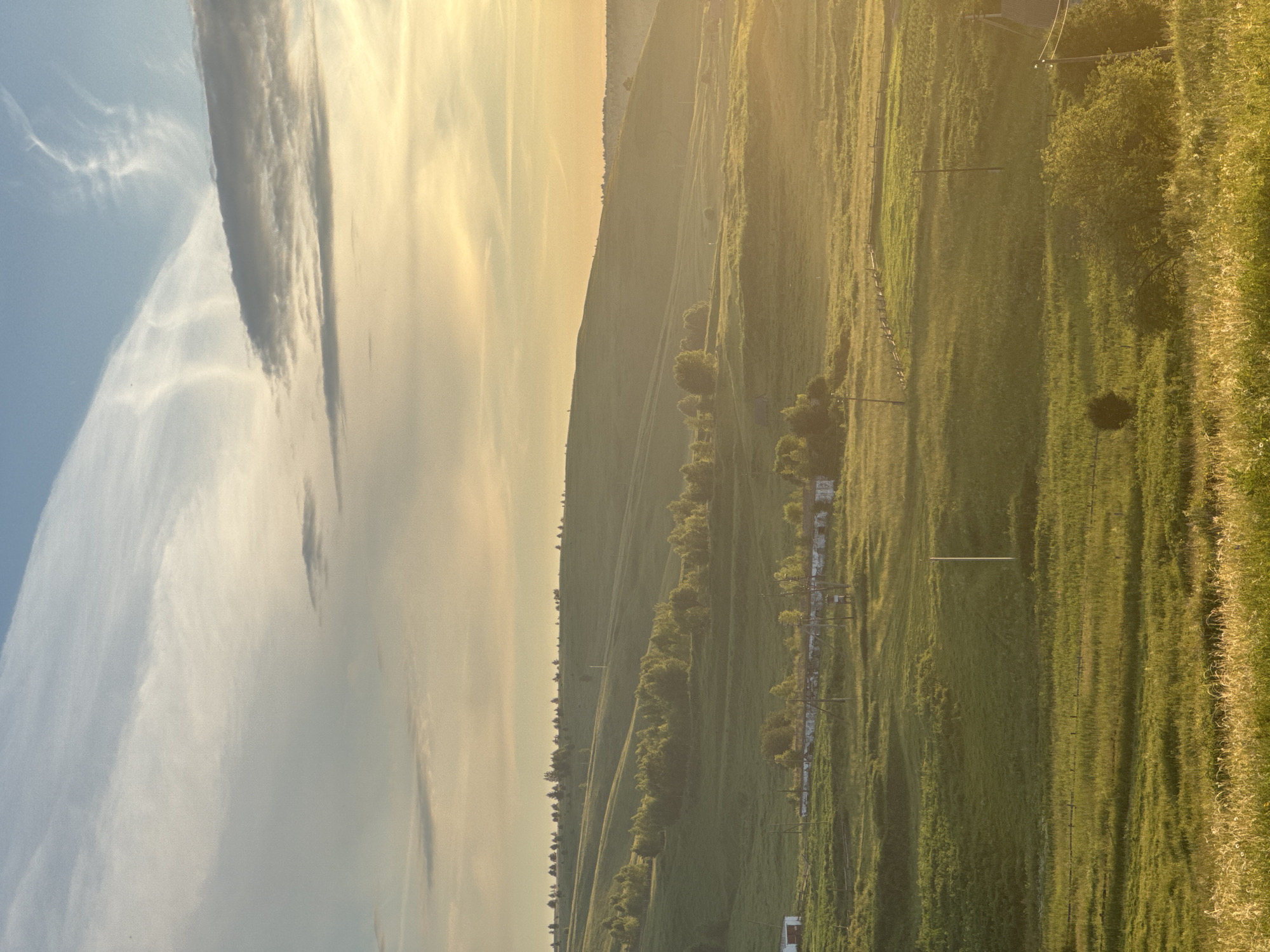 This media file depicts a sweeping landscape scene in Baiki, Russia, captured during what appears to be either sunrise or sunset due to the warm, golden light illuminating the sky and casting long shadows. The image is oriented vertically, with the sky occupying the left half and the land the right.
The sky is a blend of pale blue and soft yellow, streaked with wispy white clouds. The light filtering through the clouds creates a gentle, diffused glow.
The right side of the image showcases a verdant, rolling hill covered in tall green grass. A distinct line of trees runs diagonally down the slope, casting dark shadows. Further down the hill, a linear arrangement of what appear to be rural buildings or structures is visible, with some evidence of white walls. Faint tracks or paths are visible on the grassy slopes, suggesting human or animal passage. Scattered throughout the grassy area are several wooden posts, possibly remnants of a fence line or part of an agricultural setup. The grass at the bottom right of the frame is dry and golden, with tall stalks catching the sunlight.
No people are visible in the frame. The scene suggests a tranquil, rural setting in the Russian countryside, characterized by open fields and natural light. The overall mood is serene and peaceful, evoking a sense of quiet natural beauty. No visible text is present in the image.
