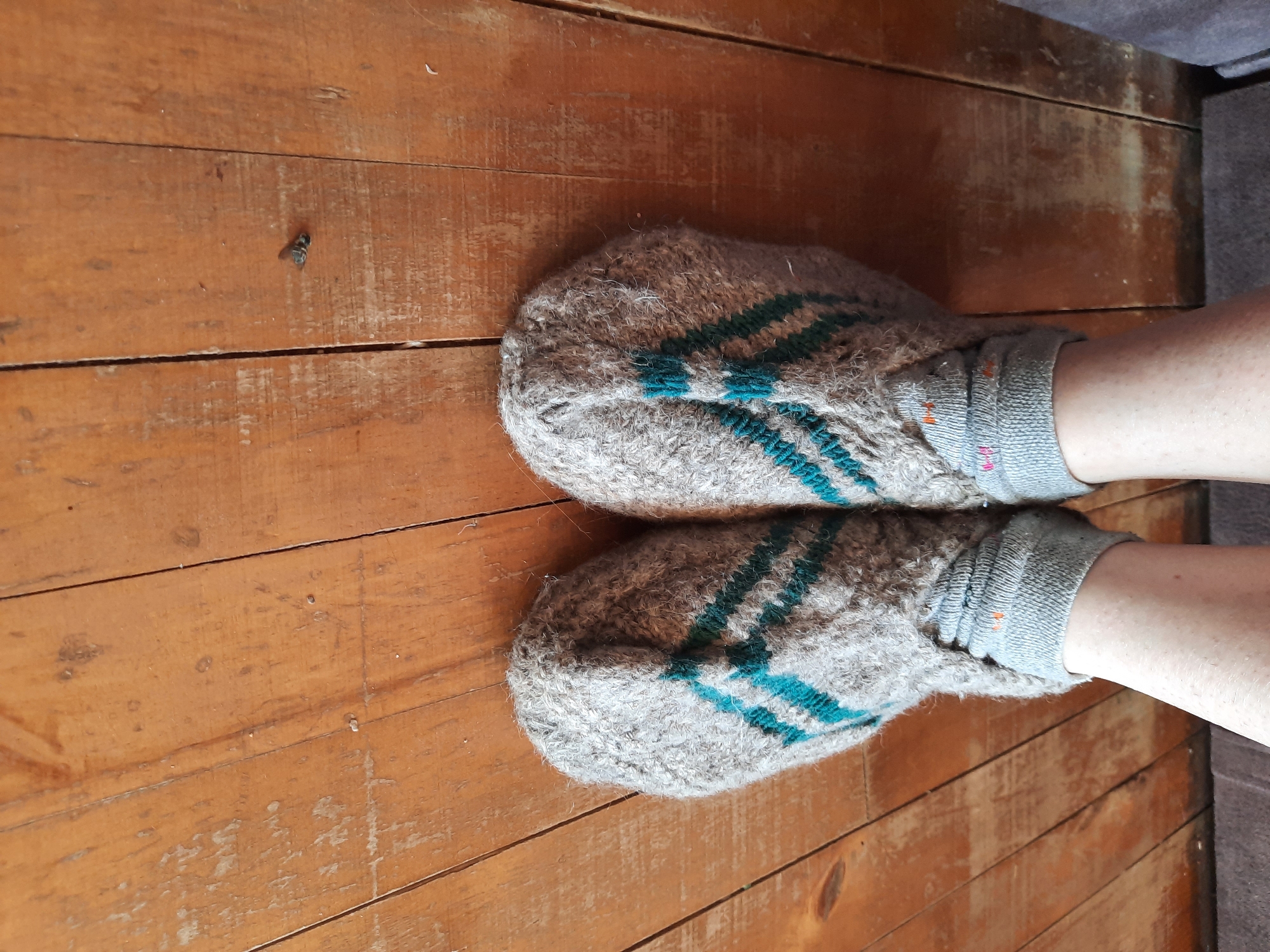 The image shows a pair of feet wearing knitted slippers with a teal stripe design, resting on a wooden plank floor. A fly is visible on the floor near the top left of the image. The background suggests the scene is indoors. The location is Архангельское, Russia.