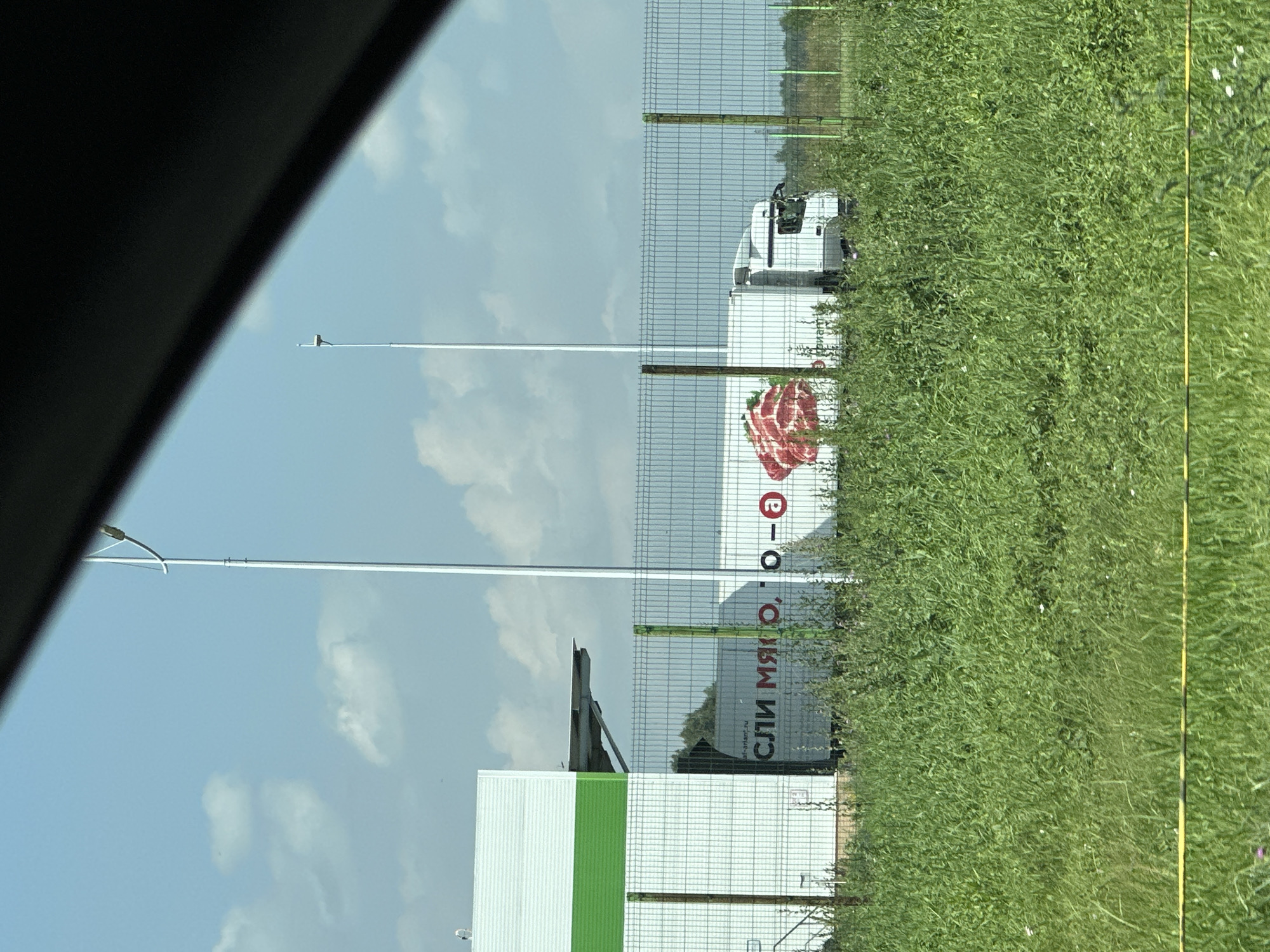 The image shows a white refrigerated truck parked behind a metal fence. The truck has text and a graphic of meat on its side. The truck appears to be a commercial vehicle, possibly a delivery truck. The environment is outdoors with a blue sky and some clouds. There is tall green grass in the foreground and a building in the background. The scene appears to be in an industrial or commercial area.