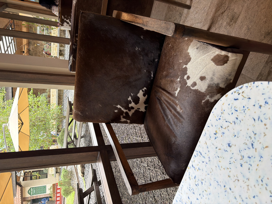 An overhead shot features a wooden chair with a brown and white cowhide cushion. The chair is positioned beside a round table with a white speckled pattern. Through the window, a sunny outdoor scene is visible, including umbrellas and green vegetation. The photograph is taken indoors and oriented with a slightly rotated perspective.