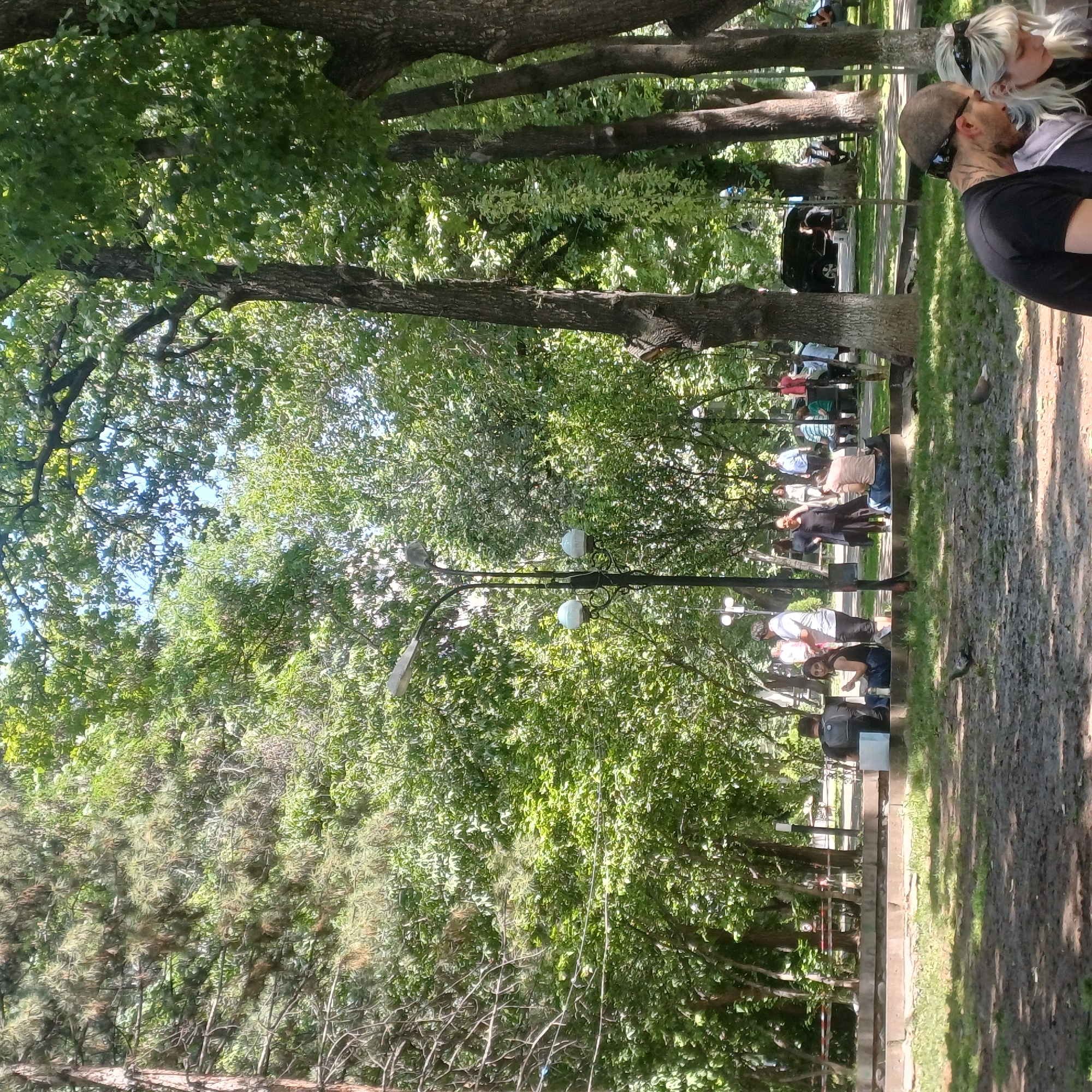 The image captures an outdoor scene in a park-like setting, likely in a city, given the presence of trees, a street lamp, and people gathered. In the foreground, a man and a woman are partially visible, with the man wearing a black t-shirt and sunglasses on his head, and the woman with blonde hair and a white bandana. They appear to be sitting or leaning. Further back, a group of people are spread out on a paved area with stone seating. One woman in a black dress stands out, while others are seated or standing, engaged in conversations or observing their surroundings. A street lamp with two lights is centrally located, and trees with lush green foliage dominate the background, creating a shaded atmosphere. The ground appears to be a mix of dirt and grass, with some scattered leaves. A dark-colored vehicle is visible in the middle ground behind the people. The overall impression is a relaxed daytime gathering in a public park.