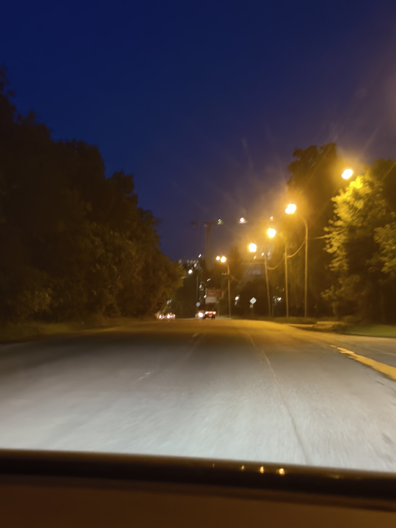 The image depicts a road at dusk or night in an urban environment, likely a suburban area, with trees lining the left side of the road and streetlights illuminating the path. The sky is a deep blue, indicating twilight or early night. Several streetlights are visible, casting a warm yellow glow on the asphalt. There are a few cars on the road, their headlights and taillights creating streaks of light due to the motion blur. The road itself appears wet, reflecting the lights and suggesting recent rain or high humidity. On the right side of the road, more trees are visible, also illuminated by the streetlights. In the distance, faint city lights and a crane suggest a more developed area beyond the immediate roadside. The perspective is from inside a vehicle, looking forward through what appears to be a windshield or dashboard area, indicated by the dark band at the bottom of the frame.