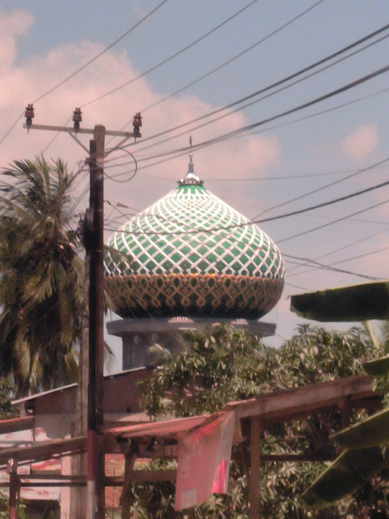 The image shows a green and white patterned dome, likely part of a mosque, located in Meunasahgeudong, Indonesia. The dome is set against a backdrop of a pale blue sky with faint clouds. A wooden utility pole with multiple insulators and several strands of electrical wires cuts across the upper part of the frame. In the foreground, there are parts of buildings and foliage, including a palm tree on the left and other trees and shrubs on the right, obscuring a clear view of the base of the dome structure. A makeshift structure with a pink cloth hanging from it is also visible.