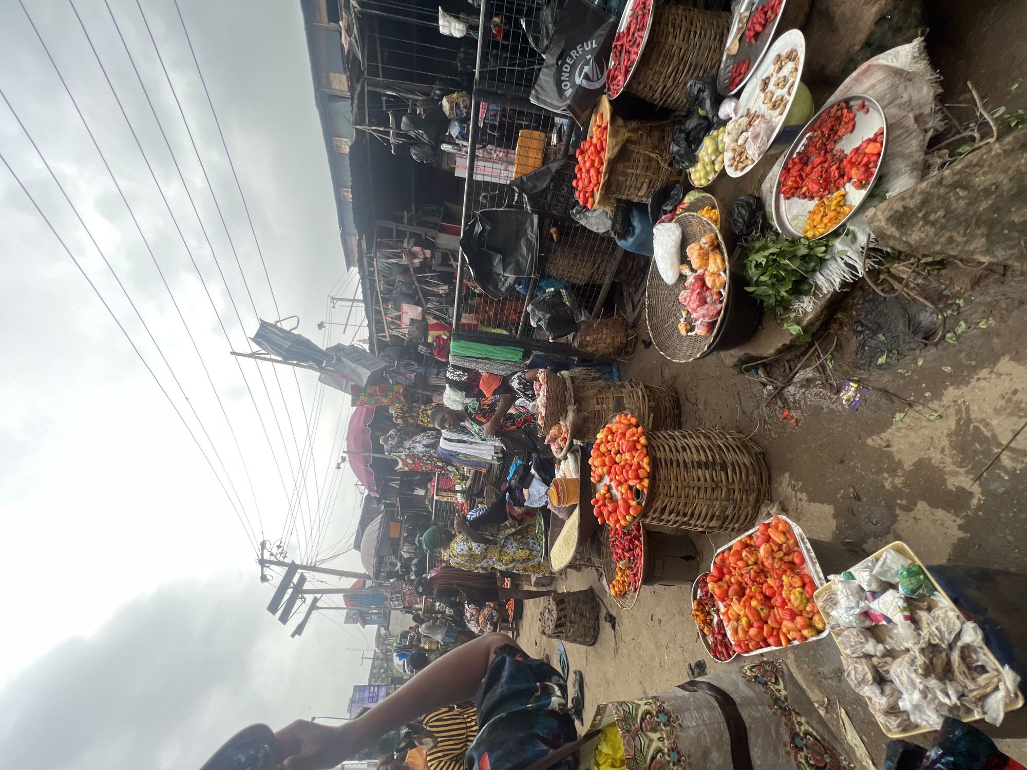 The image captures a bustling outdoor market scene in Nkpor, Nigeria. The market is characterized by numerous stalls selling various goods, predominantly produce. In the foreground, a variety of chili peppers and tomatoes are displayed in woven baskets and on metal trays. Some peppers are red, while others are a mix of yellow and red. There are also bundles of green leafy vegetables. In the mid-ground, people are engaged in market activities, with several individuals standing or walking among the stalls. One person is shown holding a tray of wrapped items, possibly spices or dried goods. Further back, the market continues with more stalls, some covered with awnings and displaying clothing and other merchandise. The environment appears somewhat muddy, suggesting recent rain or damp conditions. Overhead, electrical wires crisscross the sky, indicating the presence of utility infrastructure within the urban setting. The overall atmosphere is one of active commerce and daily life in a Nigerian marketplace.