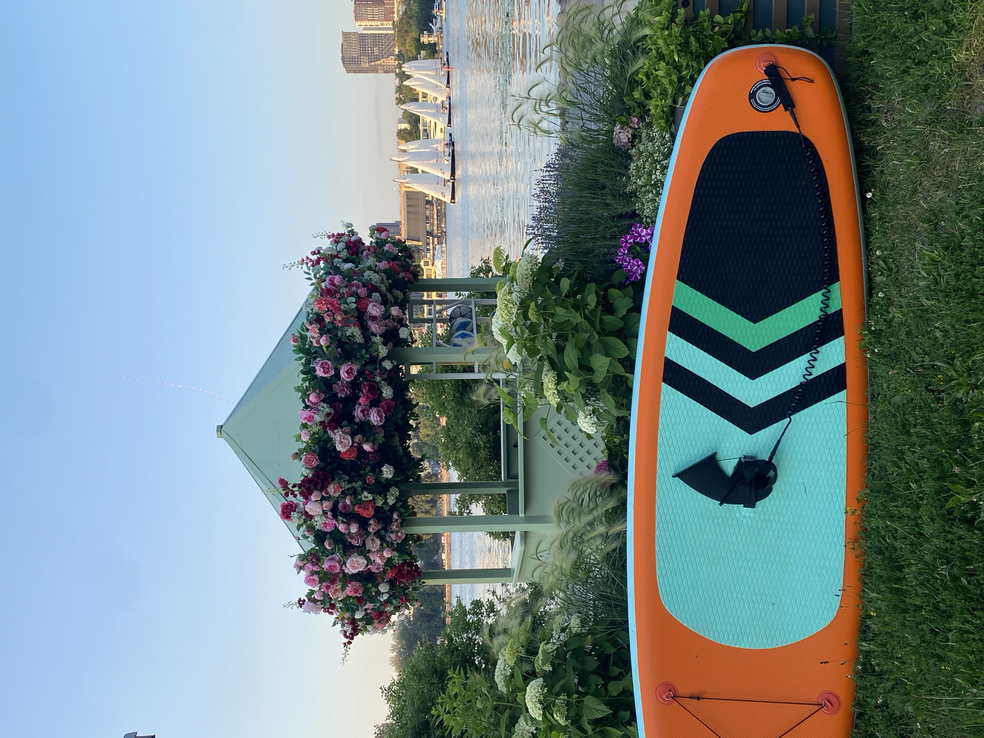 This is a vertical, eye-level, full shot of an orange and teal stand-up paddleboard placed on green grass. The paddleboard is positioned on the right side of the frame, taking up approximately the right half of the image. It features a black traction pad, green and black chevron designs, a black fin, and a coiled leash attached to a black bungee cord.
To the left of the paddleboard is a gazebo decorated with abundant pink and red roses. The gazebo is light green and has white lattice detailing. Beyond the gazebo, a body of water is visible, with several sailboats racing on it. In the background, there are buildings and trees on the opposite shore. The sky is a clear, pale blue, suggesting it is daytime, likely late afternoon or early evening due to the soft lighting. The scene appears to be outdoors, possibly a park or waterfront area in Khimki, Russia, given the location context. The overall mood is serene and summery, with a focus on outdoor recreation and floral decoration. There is no visible text in the image.