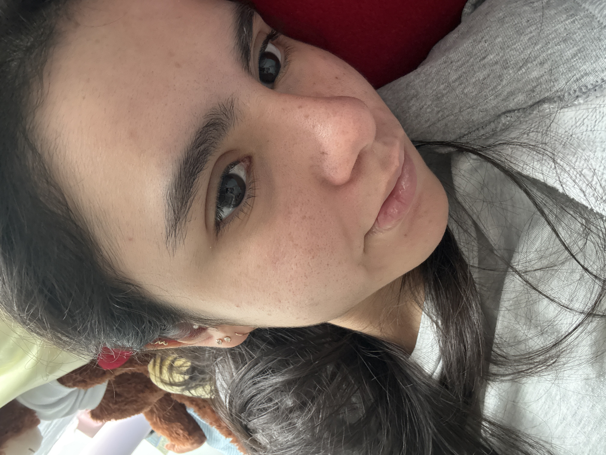 The image shows a close-up, angled view of a person's face. The person has dark hair, brown eyes, and appears to be wearing a grey top. The background includes a red surface, possibly a pillow or cushion. There is also a glimpse of a stuffed animal in the lower left corner. The location is unknown.