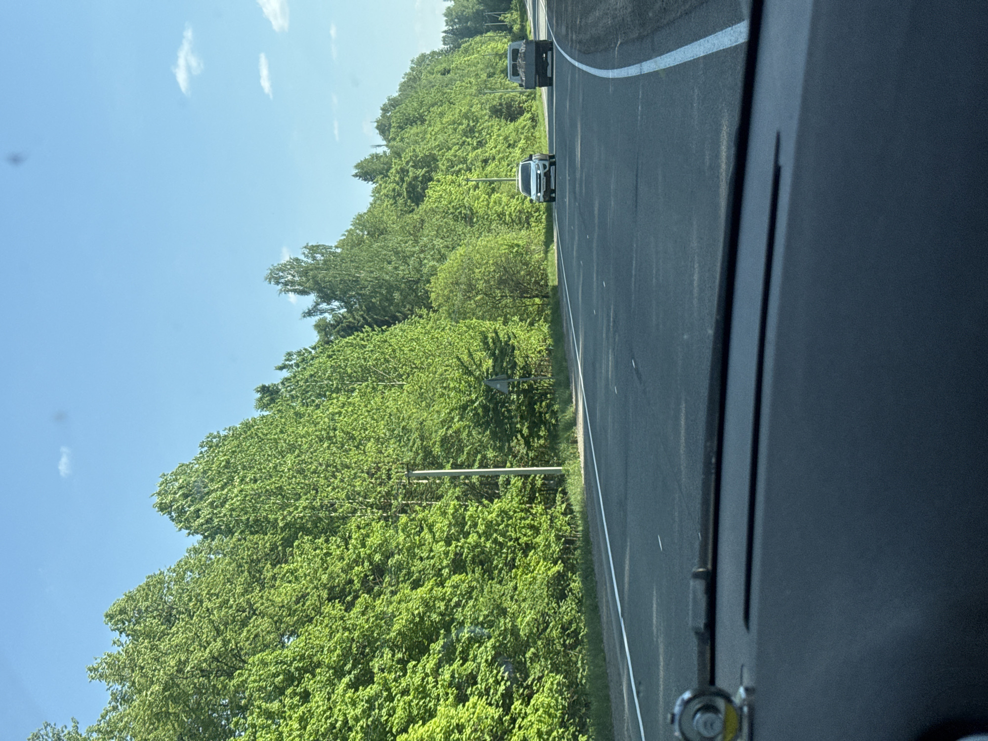 The image shows a highway running alongside a dense forest with bright green foliage. A white and a dark-colored vehicle are visible on the road. The sky is blue with a few scattered clouds. The image appears to be taken from inside a vehicle. Location in Shaberdino, Russia is not determinable from the image.
