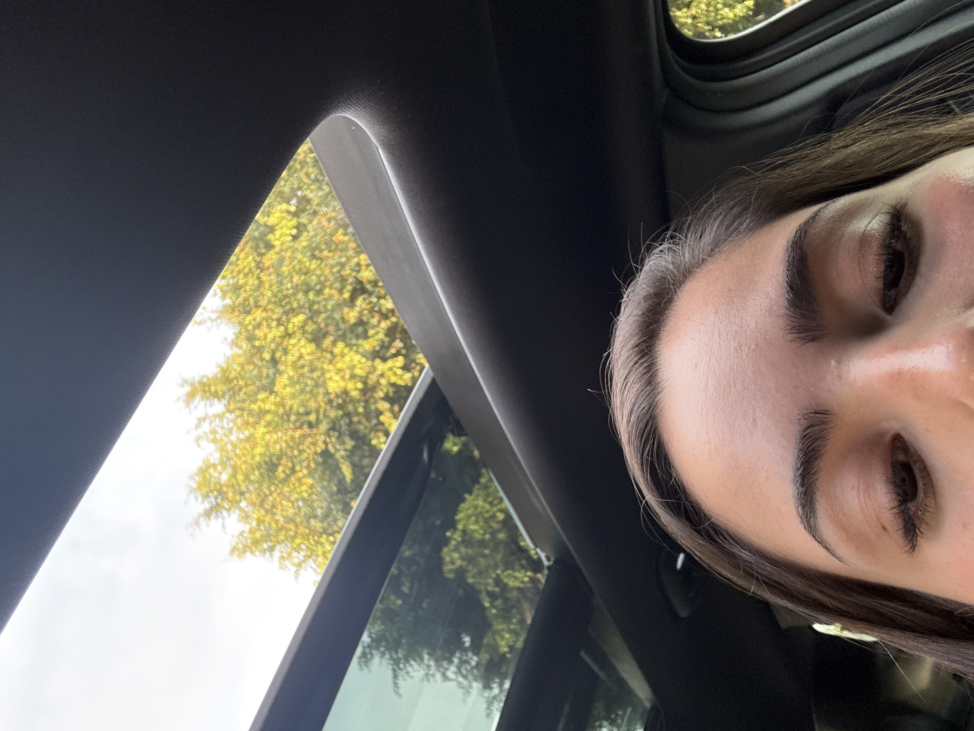 A close-up, angled shot taken from inside a vehicle with an open sunroof. A portion of a person's face, including eyes, eyebrows, forehead and hair, occupies the right side of the image. The sunroof reveals a view of trees and sky. The interior of the vehicle is dark. The location in the city of San Bernardino Tlaxcalancingo, Mexico cannot be confirmed with the given information.
