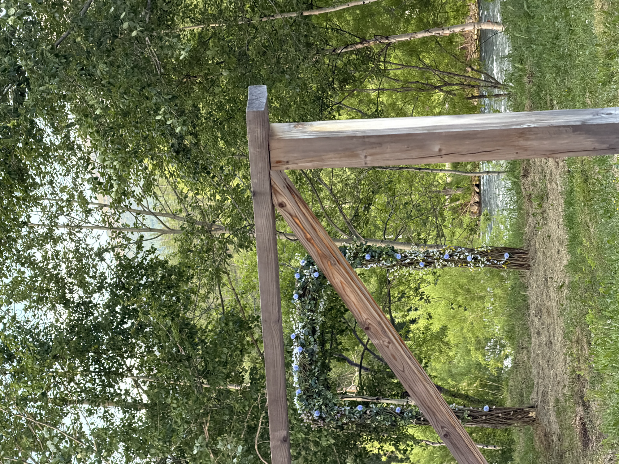 The image depicts an outdoor wedding arch constructed from rough-hewn wood and adorned with greenery and small blue and white flowers. The arch is situated in a grassy area with a body of water, possibly a river, visible in the background. The surrounding environment is lush with trees, suggesting a natural, possibly semi-rural setting. The time of day appears to be late afternoon or early evening, given the lighting conditions. There are no people visible in the image. The specific location in the city of Esso, Russia, cannot be determined from the visual information provided.