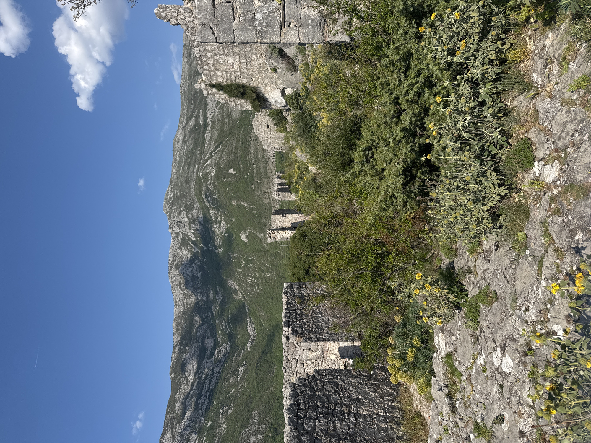 The image shows a view from within the ruins of a stone structure, possibly a fortress wall, overlooking a mountain in Đurmani, Montenegro. The wall is constructed of roughly hewn gray stones and is partially overgrown with vegetation, including small bushes and flowering plants with yellow blooms. The landscape features a steep, rugged mountain with visible geological strata. The sky is a clear blue with scattered clouds. The angle of the shot suggests it was taken from a high vantage point within the stone structure.