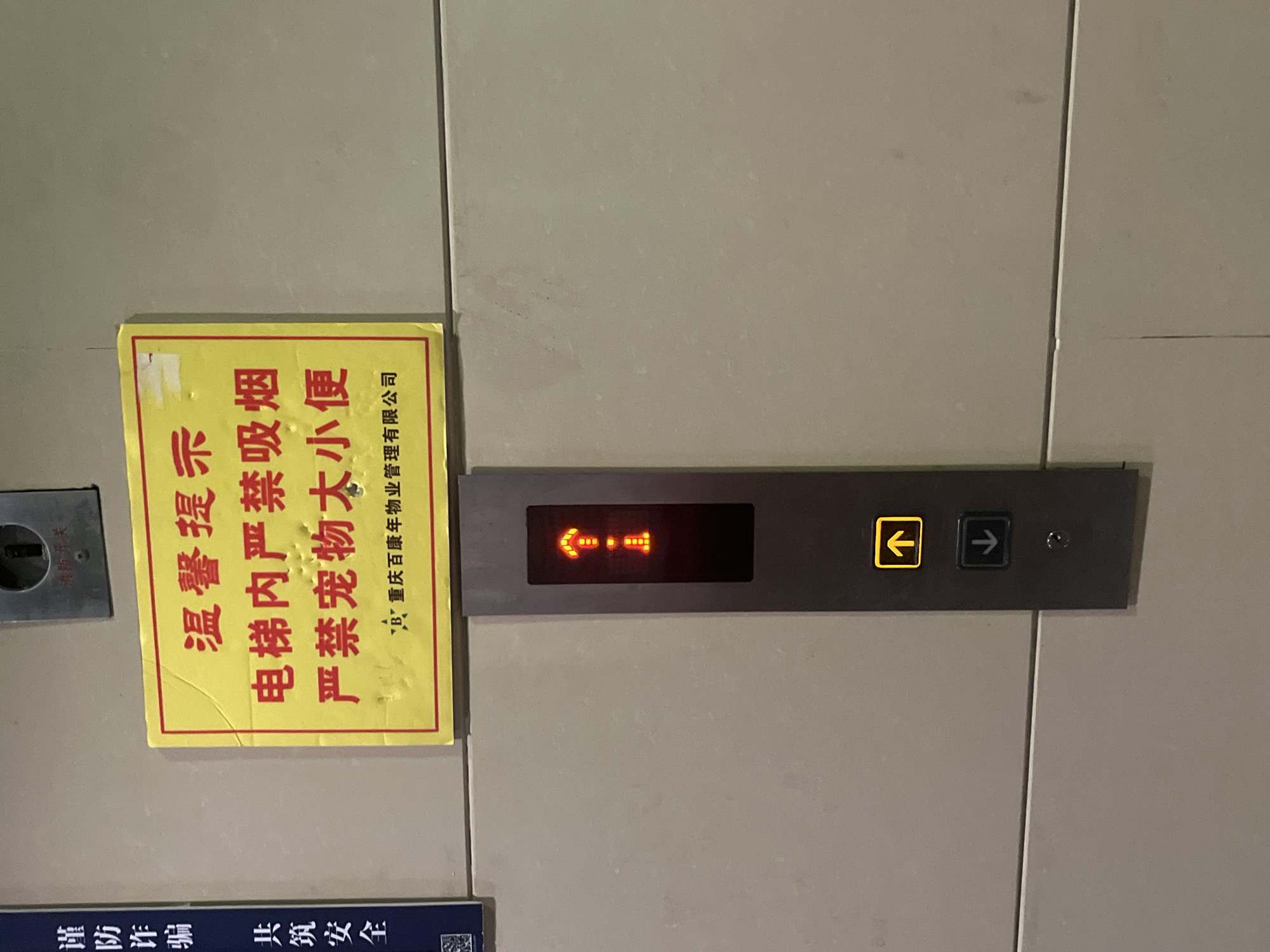 The image displays an indoor scene on a light gray/beige paneled wall in Jiulongpo District, China. Centered in the frame is a yellow rectangular sign with red Chinese characters, bearing the heading "温馨提示" (Warm Reminder). The sign's main text states: "电梯内严禁吸烟" (Smoking is strictly prohibited inside the elevator) and "严禁宠物大小便" (Pets are strictly prohibited from relieving themselves). Below this, "重庆百康年物业管理有限公司" (Chongqing Baikangnian Property Management Co., Ltd.) is printed.
Immediately below the yellow sign, an elevator call panel is mounted vertically. The upper section of this panel features a digital display showing an illuminated orange upward arrow above the number "1", indicating the elevator is currently at the first floor and an up call is active or it is moving upwards from this floor. Below the display, two rectangular buttons are present: an upper button with an illuminated yellow upward arrow, and a lower button with a dark downward arrow. The illuminated up arrow signifies that an "up" call has been registered. A small, dark, circular element, possibly an indicator light or speaker, is visible below the down arrow button.
Above the yellow sign, a small gray metal box with a keyhole is affixed to the wall, labeled "消防开关" (Fire switch). To the far left of the image, a partial view of a blue vertical sign is visible. This sign contains Chinese characters including "谨防诈骗" (Beware of fraud) and "共筑安全" (Build safety together), with a QR code at its bottom edge. No individuals are present in the image.