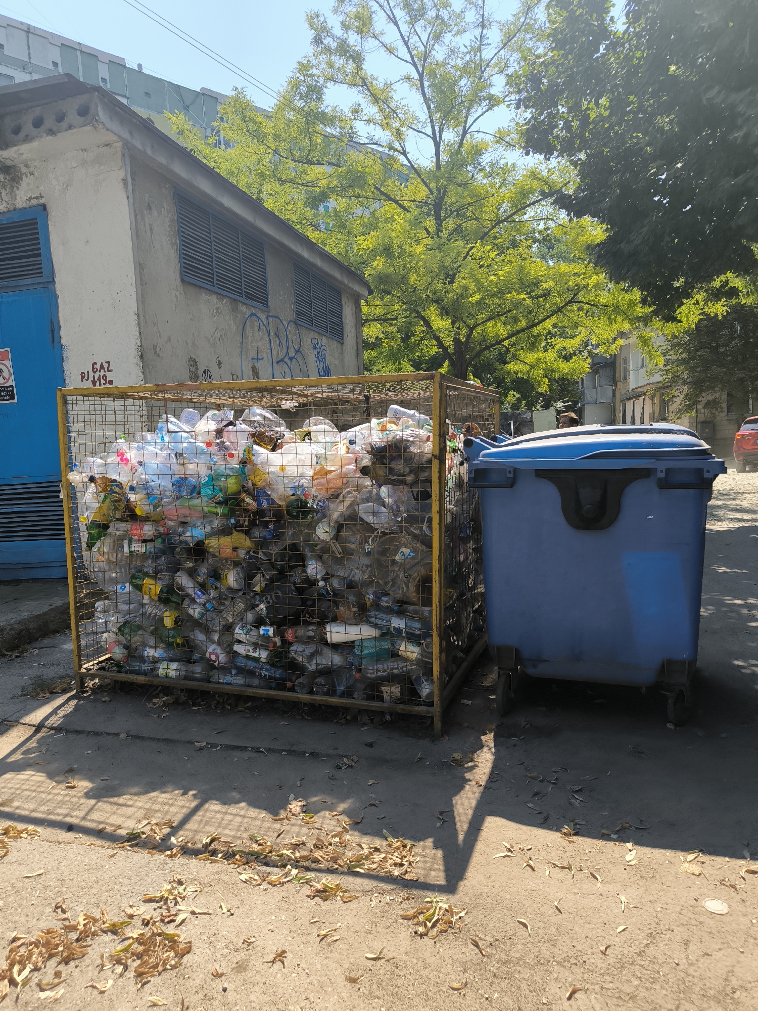 The image depicts an outdoor scene in Chișinău, Moldova, featuring a yellow wire-mesh bin overflowing with plastic bottles, situated next to a large blue dumpster. The bin is located on a paved area, likely a sidewalk or street, with fallen leaves scattered on the ground. Behind the bin, a small concrete building with louvered windows is visible, displaying graffiti. Further in the background, trees with lush green foliage and buildings, including an apartment complex, are present. The sky is clear and blue, indicating a sunny day. A person's head is visible peeking over the blue dumpster. The overall environment suggests a residential or urban area.