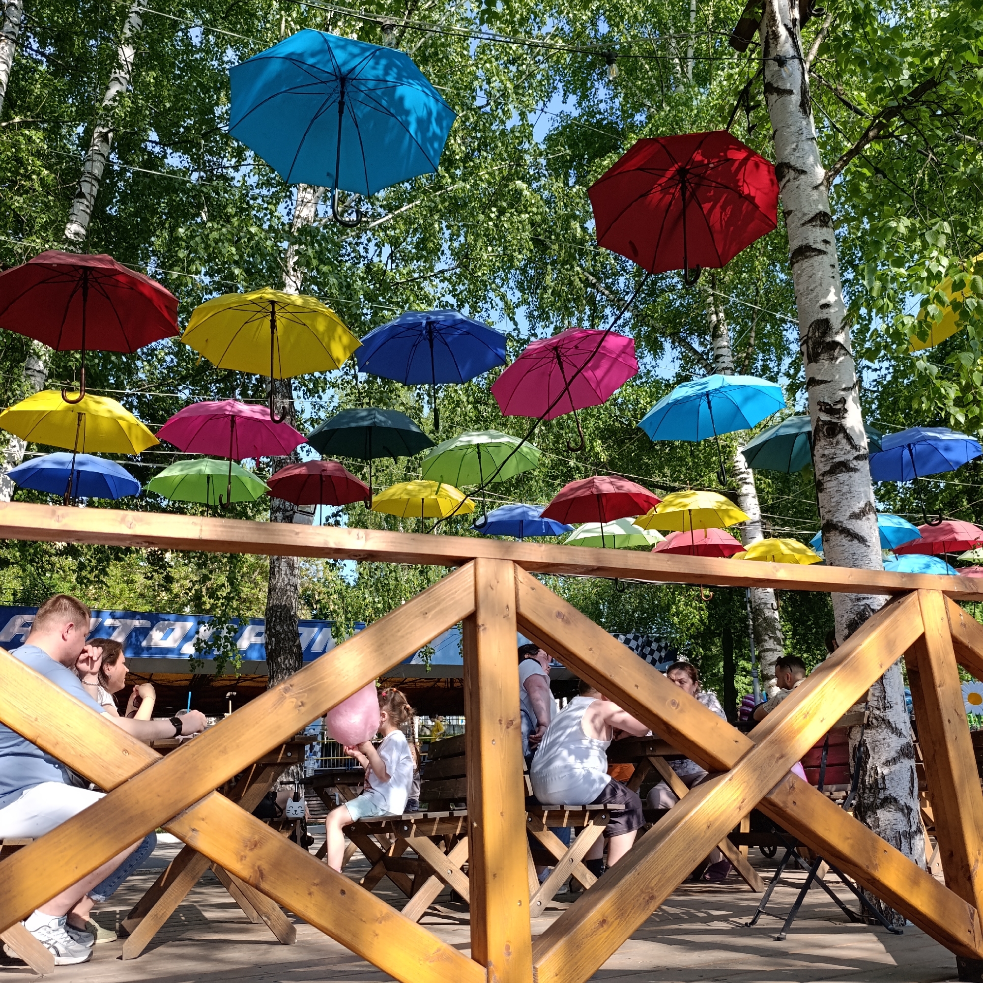 The image shows an outdoor seating area in a park-like setting, likely in Izhevsk, Russia. Above the seating area, multiple brightly colored umbrellas are suspended in the air, creating a visually striking canopy. People are seated at picnic-style tables, some interacting with each other. A wooden fence frames the foreground, partially obscuring the view. The setting includes trees, particularly birch trees with distinctive white bark. The weather appears to be sunny and pleasant.