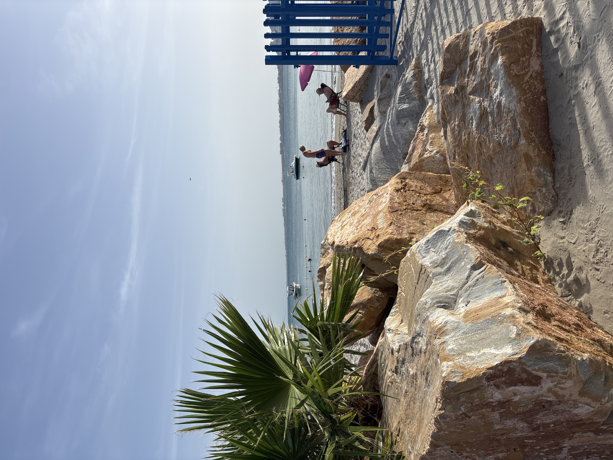 The image depicts a beach scene in Urbanización Cabo Roig, Spain. In the foreground, large, rough-textured rocks are scattered across the sand. A palm frond extends from the left, obscuring a portion of the view. In the mid-ground, several people are relaxing on the sandy beach near the water's edge. Two individuals are seated in lounge chairs, one of whom is looking at a phone, while another stands between them. A bright pink umbrella provides shade. The sea stretches out to the horizon, with a few boats visible on the water. In the distance, a coastline with buildings can be seen. A blue metal fence runs along the right side of the image, separating the beach area from a paved path or walkway. The sky is a pale blue with faint wispy clouds.