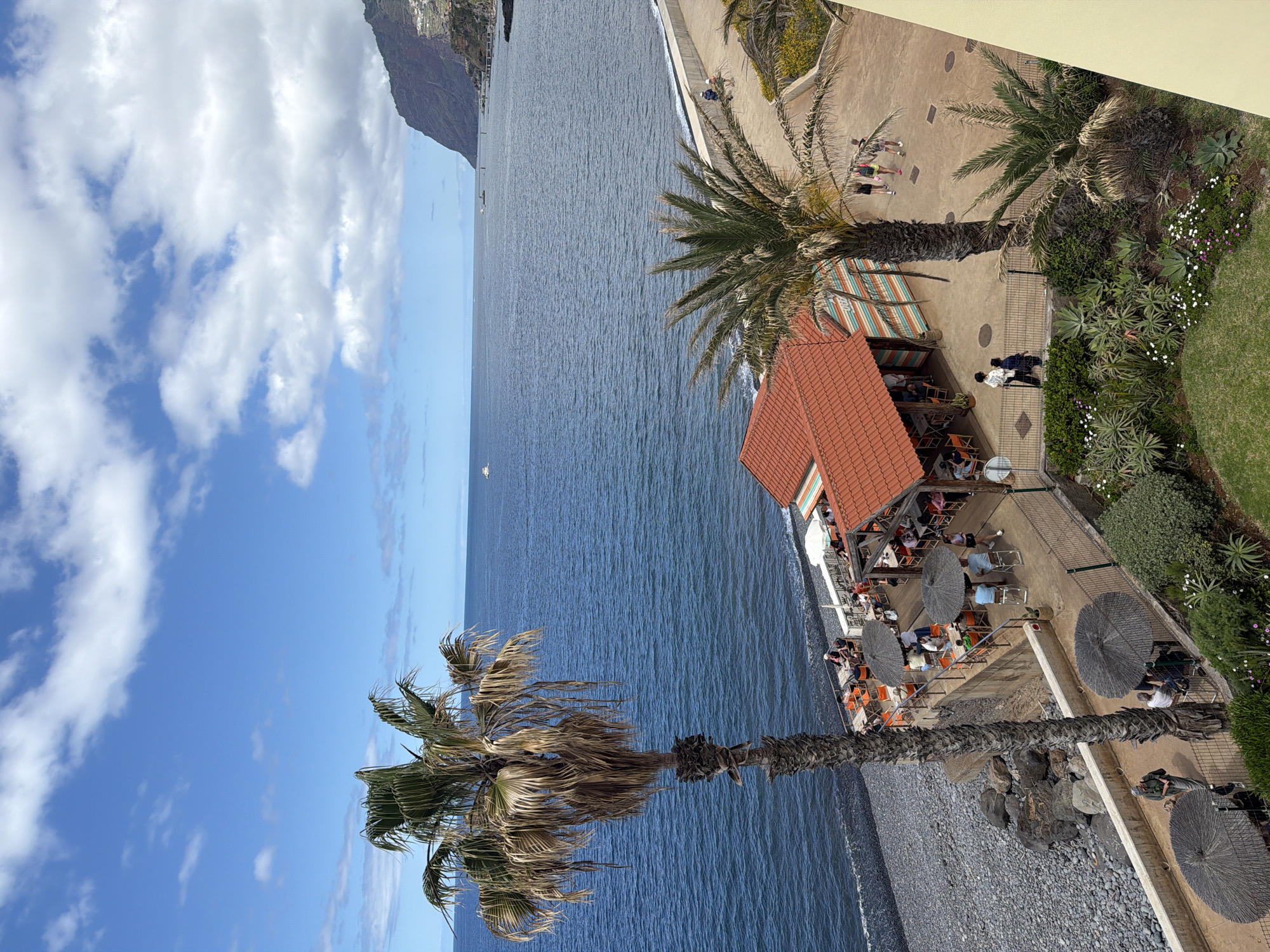 This image shows a beach area in Funchal, Portugal. It appears to be an elevated view looking down at a coastal scene. The sky is bright blue with puffy white clouds on the left. A dark blue ocean fills the central part of the image. A rocky coastline is on the right side of the water. Along the coast is a restaurant with an orange tiled roof and a striped awning. People are sitting at tables under umbrellas, enjoying the view. There are also palm trees scattered throughout the scene, adding to the tropical feel. The coastline continues into a pathway with people and continues into a small garden. The image is taken at an oblique angle.