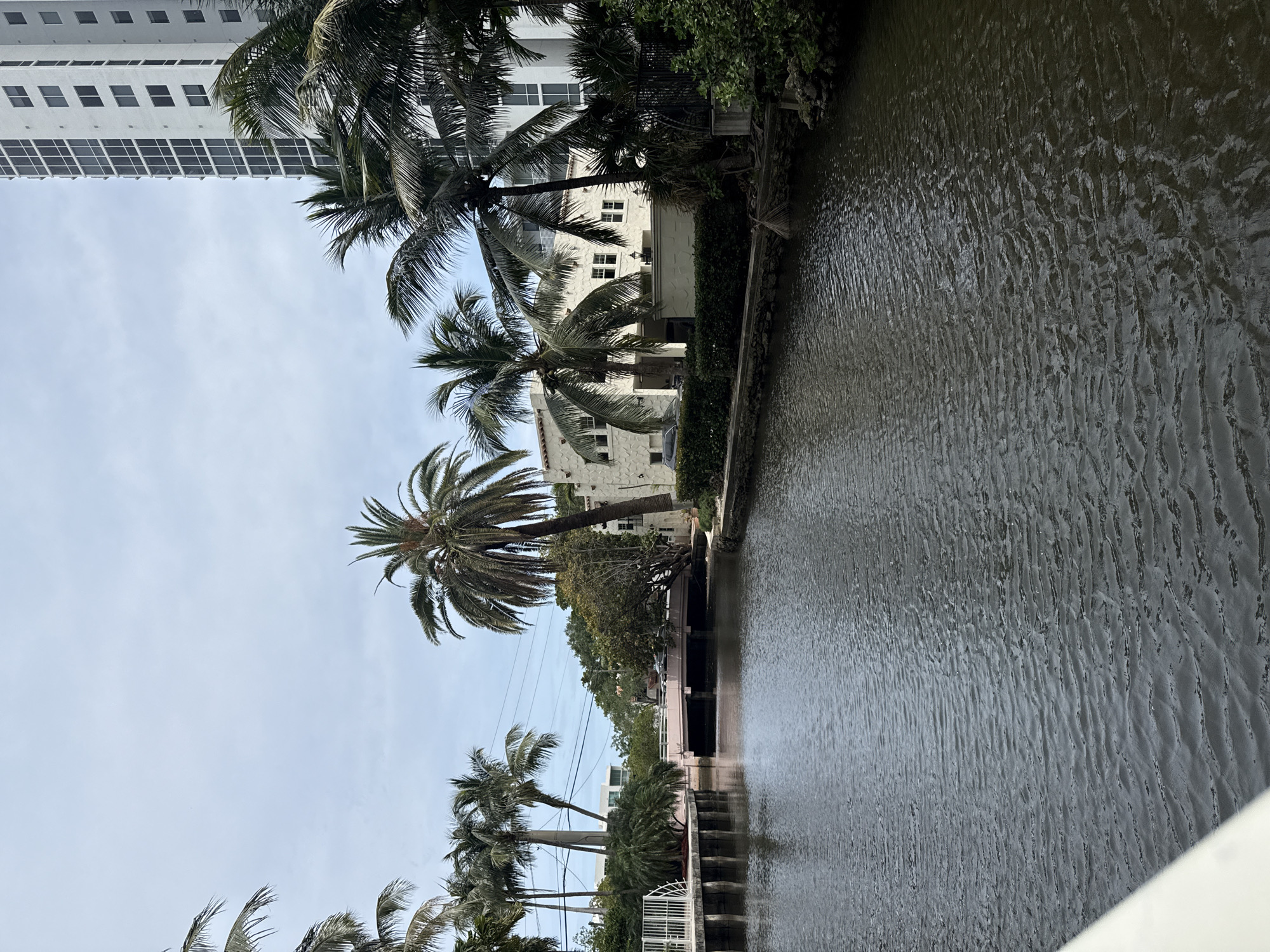 The image depicts a canal in Fort Lauderdale, Florida, United States. The water is dark and rippled, with buildings and palm trees lining the bank. There is a tall, white building on the left side of the canal, and a shorter, white building with a stone facade further along. The image is taken from an elevated position, potentially from a bridge or overpass. There are no visible people or immediate actions taking place. The environment is urban, characterized by residential buildings, tropical vegetation, and a waterway. The sky is overcast, suggesting a cloudy day.