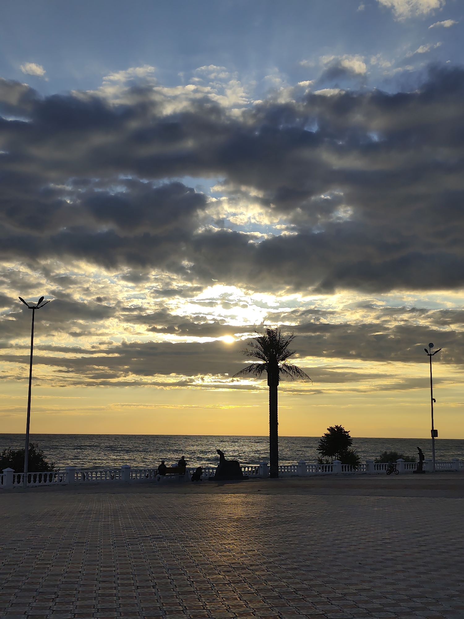This media file depicts a scenic sunset over the Caspian Sea in Aktau, Kazakhstan. The sky is a dramatic tapestry of blues and grays, with streaks of sunlight breaking through the clouds, casting a warm, golden glow. The sun, a bright orb, is partially obscured by the clouds, indicating it's nearing the horizon.
The foreground features a paved promenade with a distinctive brick pattern. A white, ornate railing separates the promenade from the sea. Beyond the railing, silhouetted figures are visible. Some individuals are seated on benches, possibly enjoying the view, while others stand. A tall palm tree stands prominently against the sky, its silhouette sharp and defined. Two streetlights, one on the left and another on the right, flank the scene, suggesting a developed public space.
The sea is calm, with gentle waves lapping against the shore. The water reflects the warm colors of the sunset, creating a shimmering effect. In the distance, the coastline is visible, dotted with trees and a few structures. A small bicycle is parked near the railing on the right side of the image.
The overall mood is tranquil and serene, with the vibrant sunset evoking a sense of peace and natural beauty. The presence of people suggests this is a popular spot for relaxation and enjoying the coastal environment. The time of day is clearly evening, as indicated by the sunset and the low angle of the sun. The weather appears partly cloudy, adding visual interest to the sky. There is no visible text in the image.
