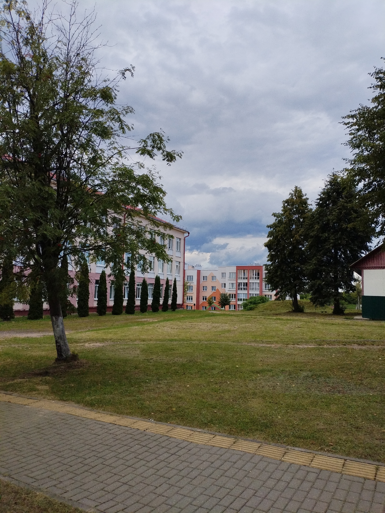 The image depicts an outdoor scene in the city of Bialynichy, Belarus, featuring a long, multi-story building with a pink and white facade and a red roof, situated behind a line of coniferous trees. To the left of this building, a portion of another, taller, predominantly pink and white building is visible. In the foreground, a paved walkway with tactile paving runs alongside a grassy area. Several mature deciduous trees with green foliage are present in the middle ground, with one large tree in the left foreground. Further to the right, two more tall deciduous trees stand on a slight incline. Beyond these trees, another modern residential building with colorful sections (orange, white, and red) is visible. The sky is overcast with heavy clouds. The scene appears to be a public space, possibly near a residential or institutional area.