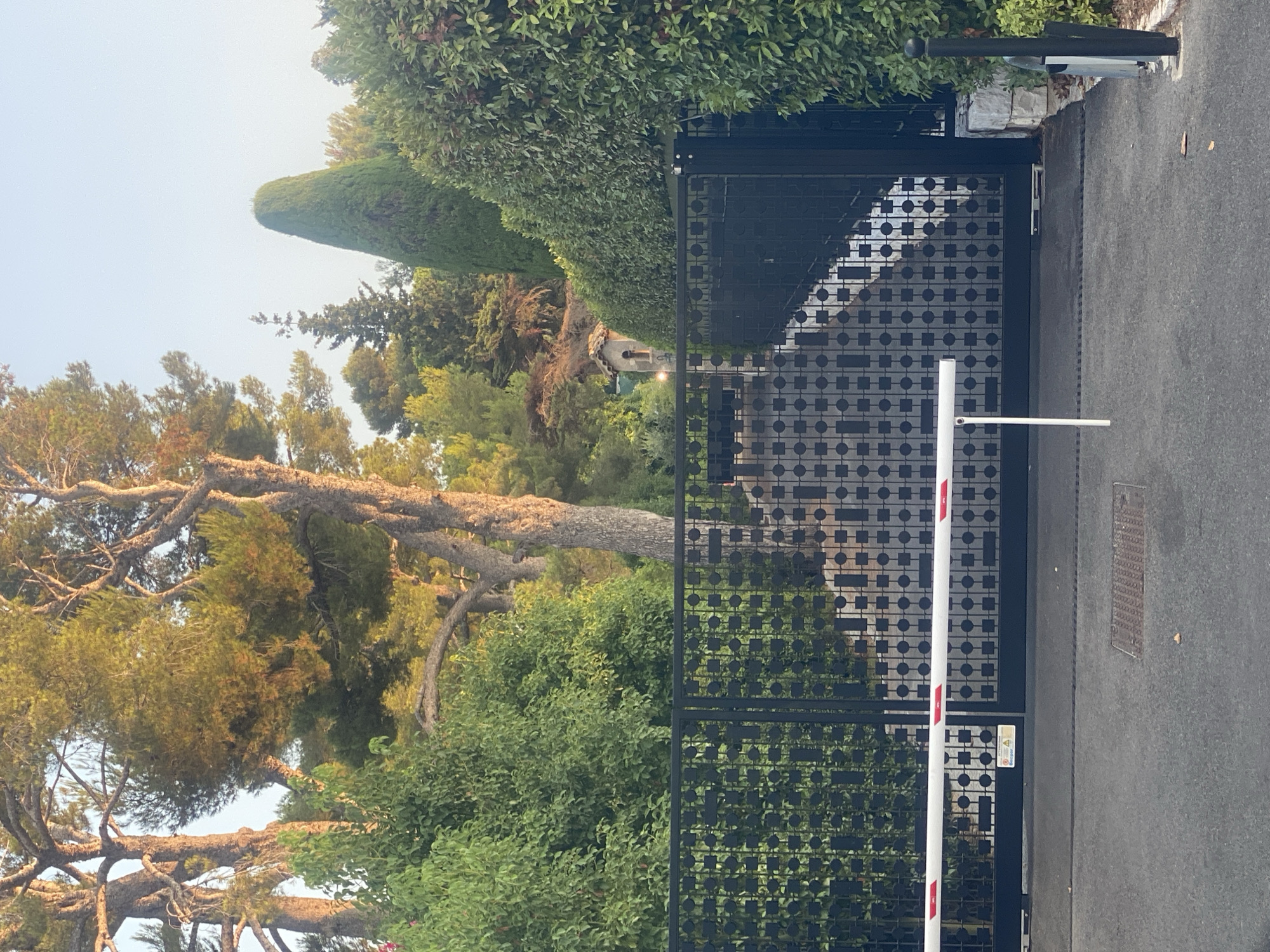 This is a full, eye-level, outdoor, medium shot of a black metal gate with a white boom barrier extended across it. The gate has a patterned design of circles and squares. Behind the gate, a paved pathway slopes upwards and curves to the right, leading towards a small, stone building with a tiled roof and an arched opening. The building is partially obscured by trees. The surrounding environment is lush and green, with a variety of trees and bushes, including tall pine trees with sunlit foliage and a prominent conical cypress tree. The sky is clear and pale blue. The overall impression is one of an entrance to a private property, possibly in a residential area of Antibes, France, given the Mediterranean vegetation. There are no people visible in the image. The lighting suggests it is late afternoon or early evening, with the sun casting warm tones on the trees.